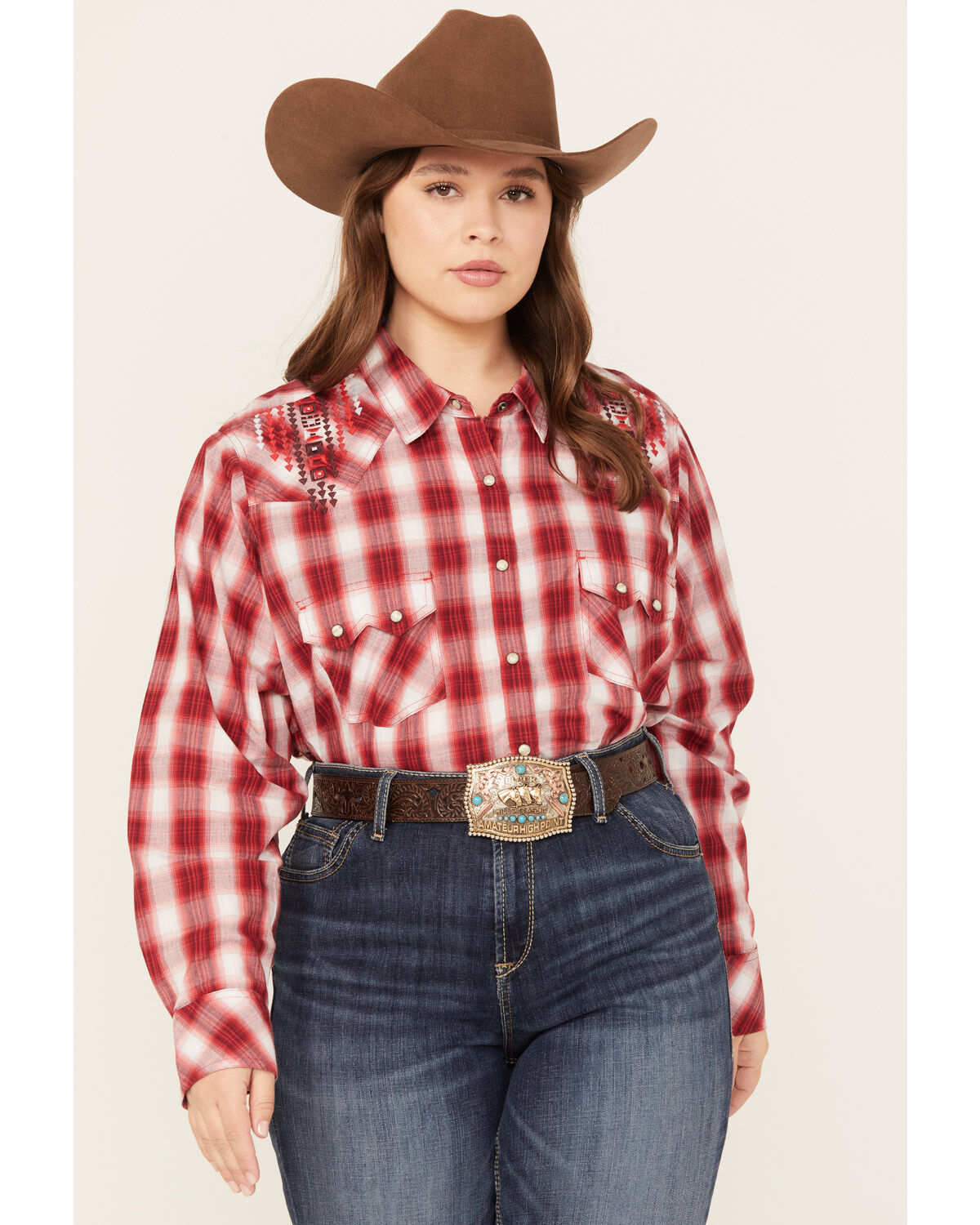 Ariat Women's R.E.A.L. Embroidered Plaid Print Long Sleeve Western Pearl Snap Shirt - Plus