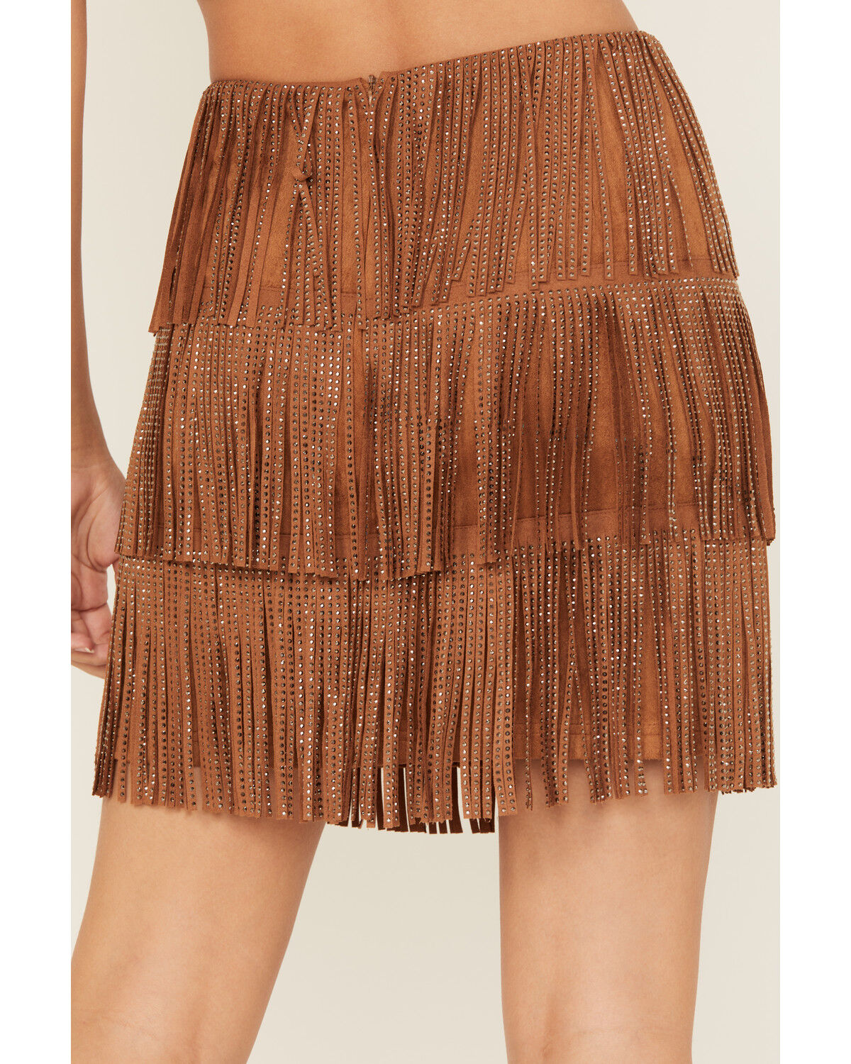 Fornia Women's Rhinestone Fringe Faux Suede Mini Skirt