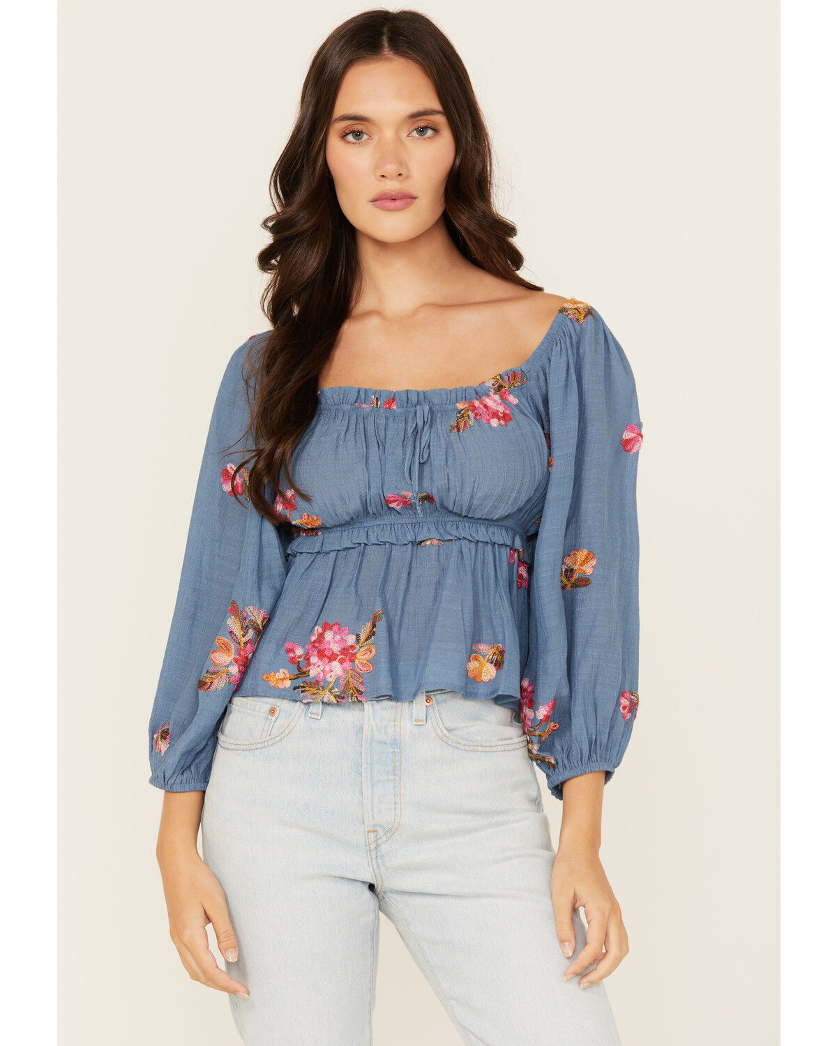 Wild Moss Women's Floral Embroidered 3/4 Sleeve Top