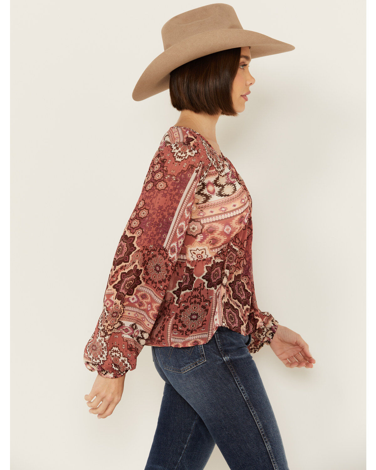 Shyanne Women's Printed Chiffon Long Sleeve Peasant Top