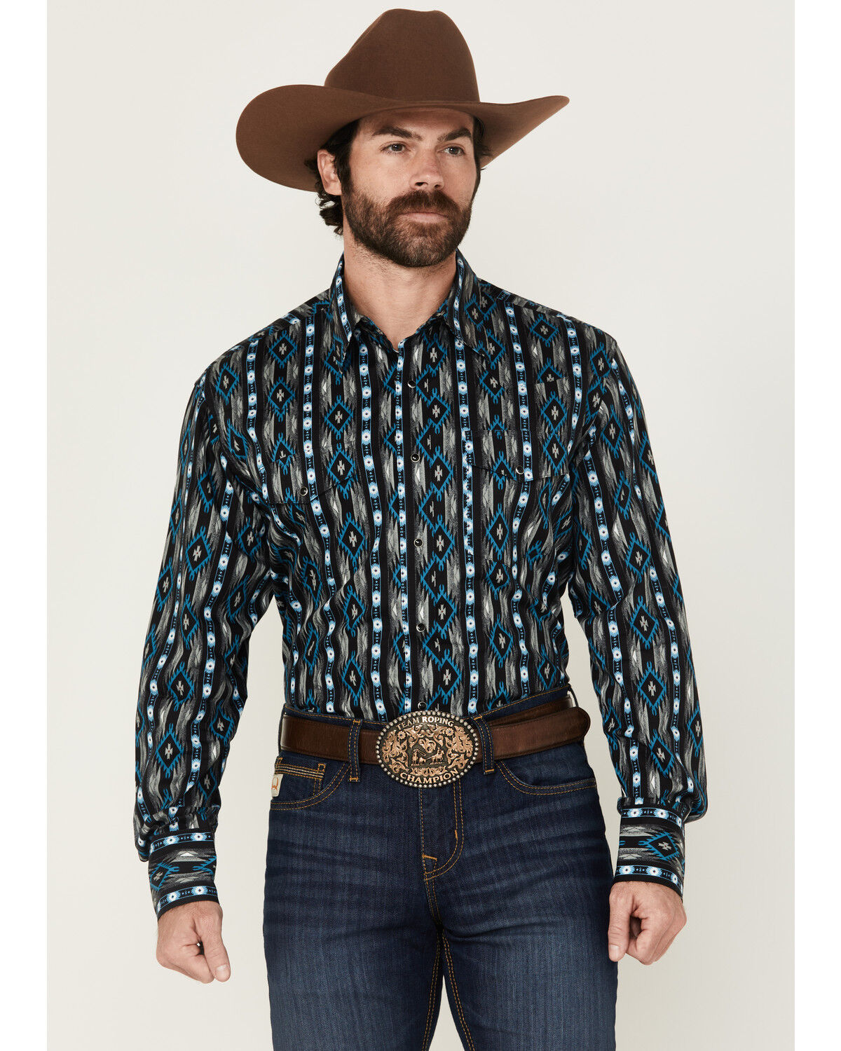 Wrangler Men's Checotah Southwestern Striped Long Sleeve Pearl Snap Western Shirt - Big