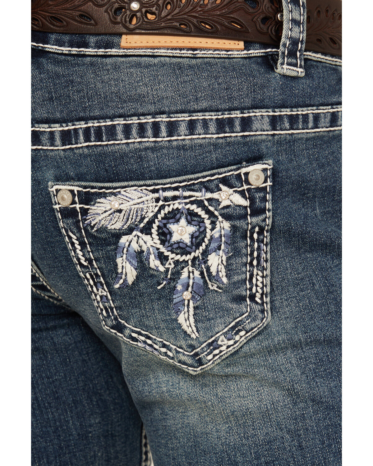 Shyanne Girls' Arrowhead Dark Wash Dreamcatcher Pocket Bootcut Stretch Denim Jeans