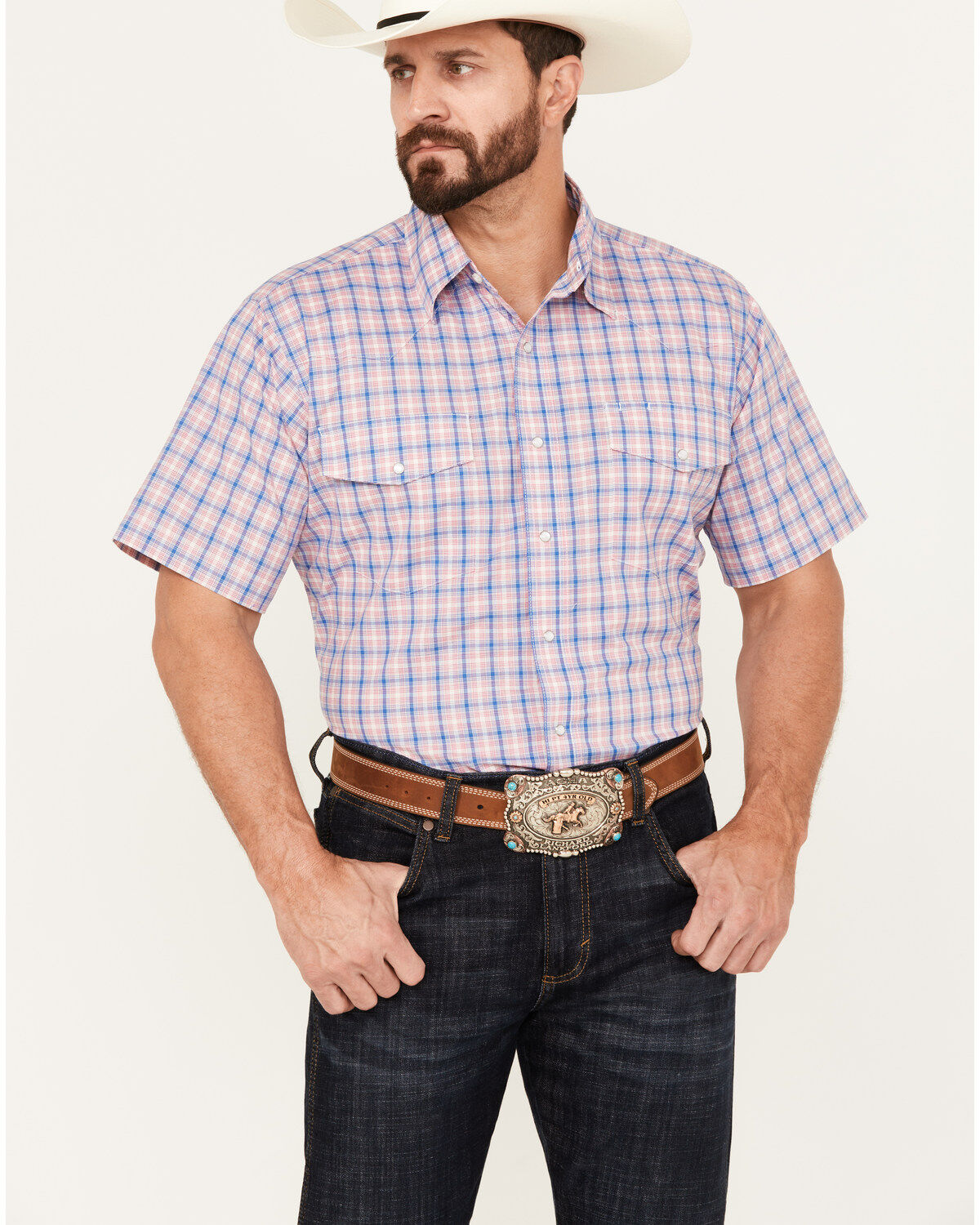 Wrangler Men's Wrinkle Resist Plaid Print Short Sleeve Pearl Snap Western Shirt