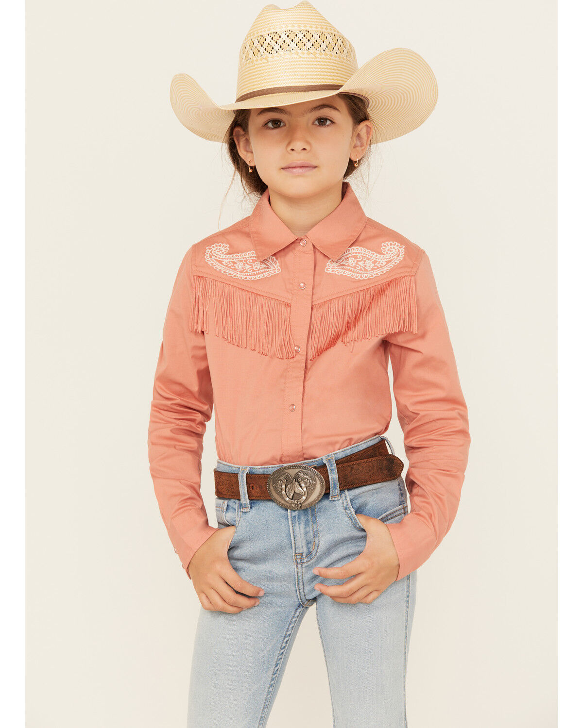 Shyanne Girls' Western Embroidered Fringe Long Sleeve Snap Stretch Western Shirt