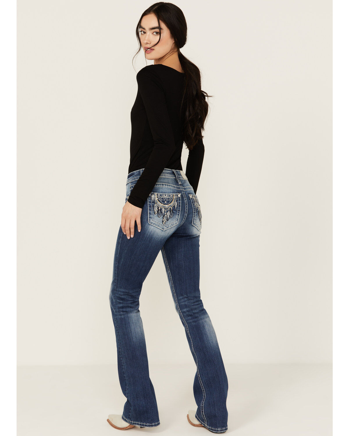 Miss Me Women's Medium Wash Dream Catcher Pocket Mid Rise Bootcut Stretch Denim Jeans