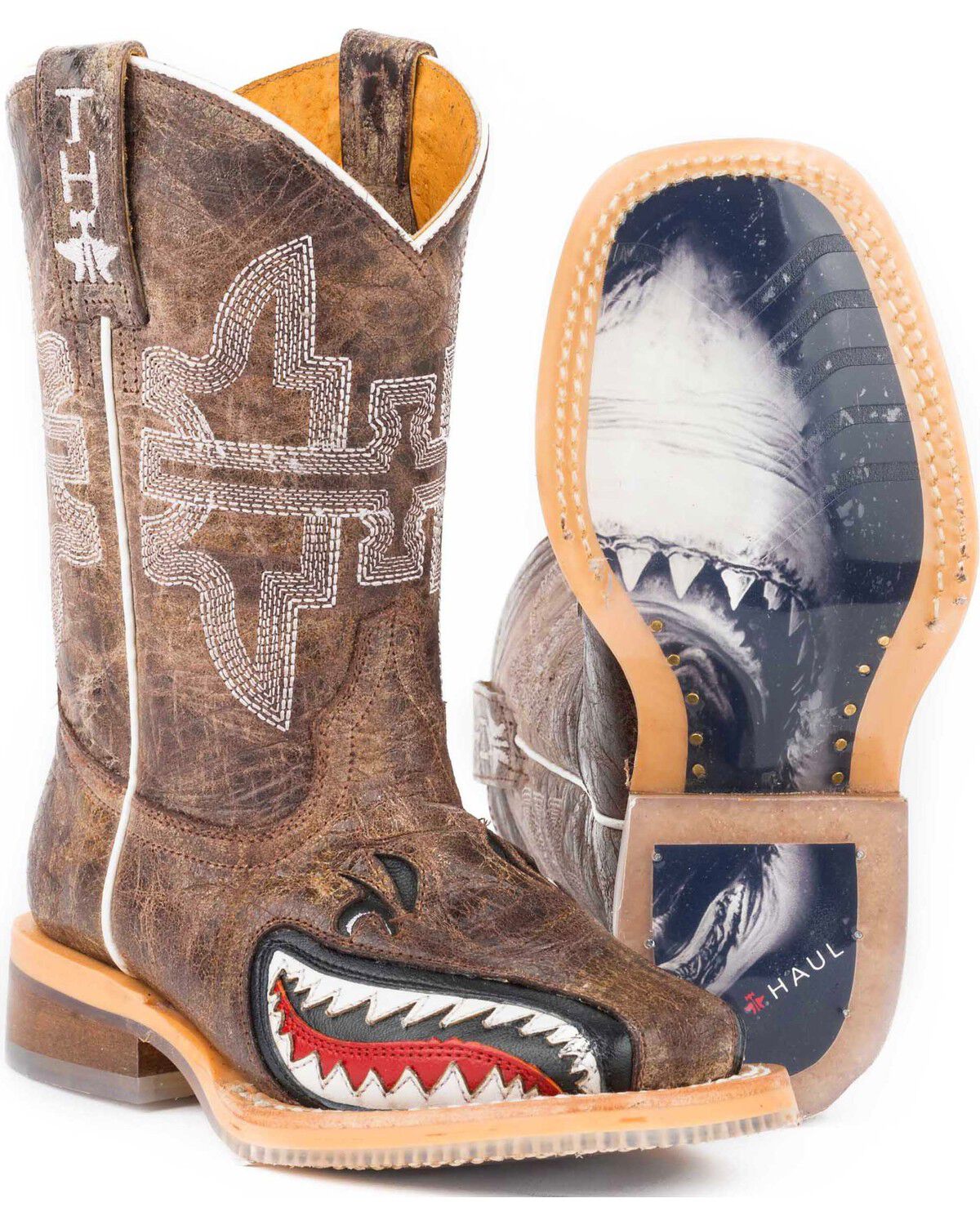 Tin Haul Boys' Tan and Red 8" Leather Western Boots - Square Toe