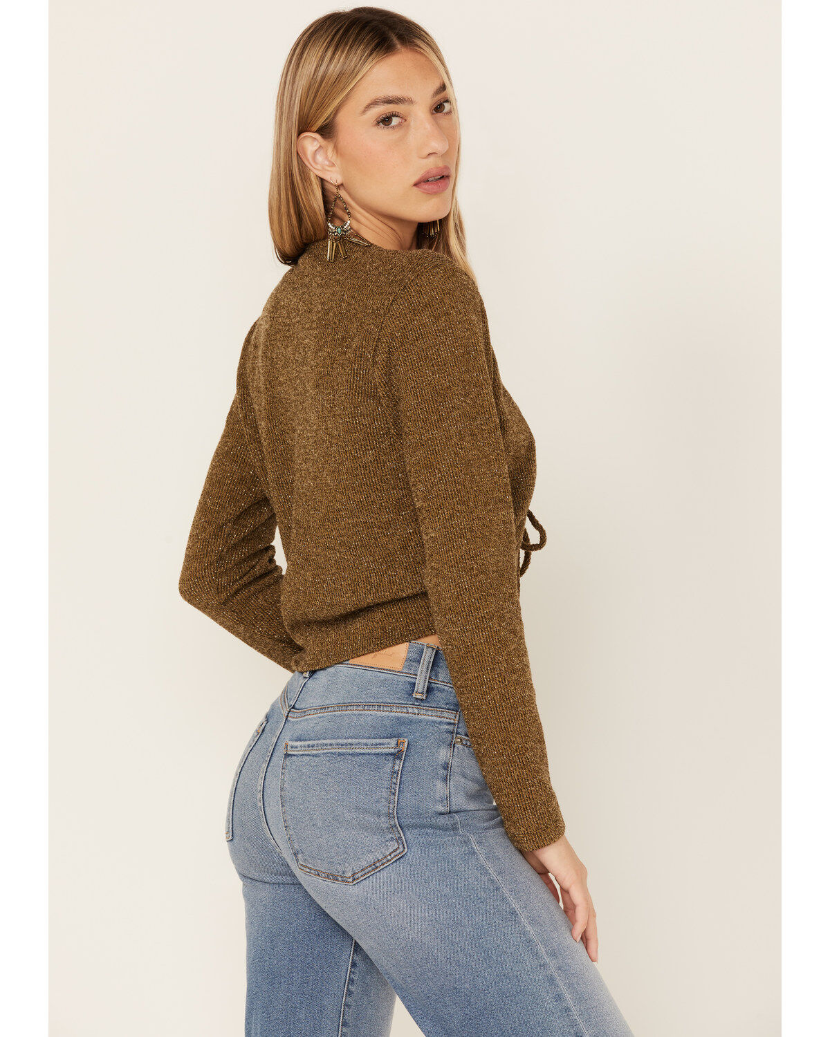 Wild Moss Women's Olive Ribbed Lurex Cinch Front Knit Top