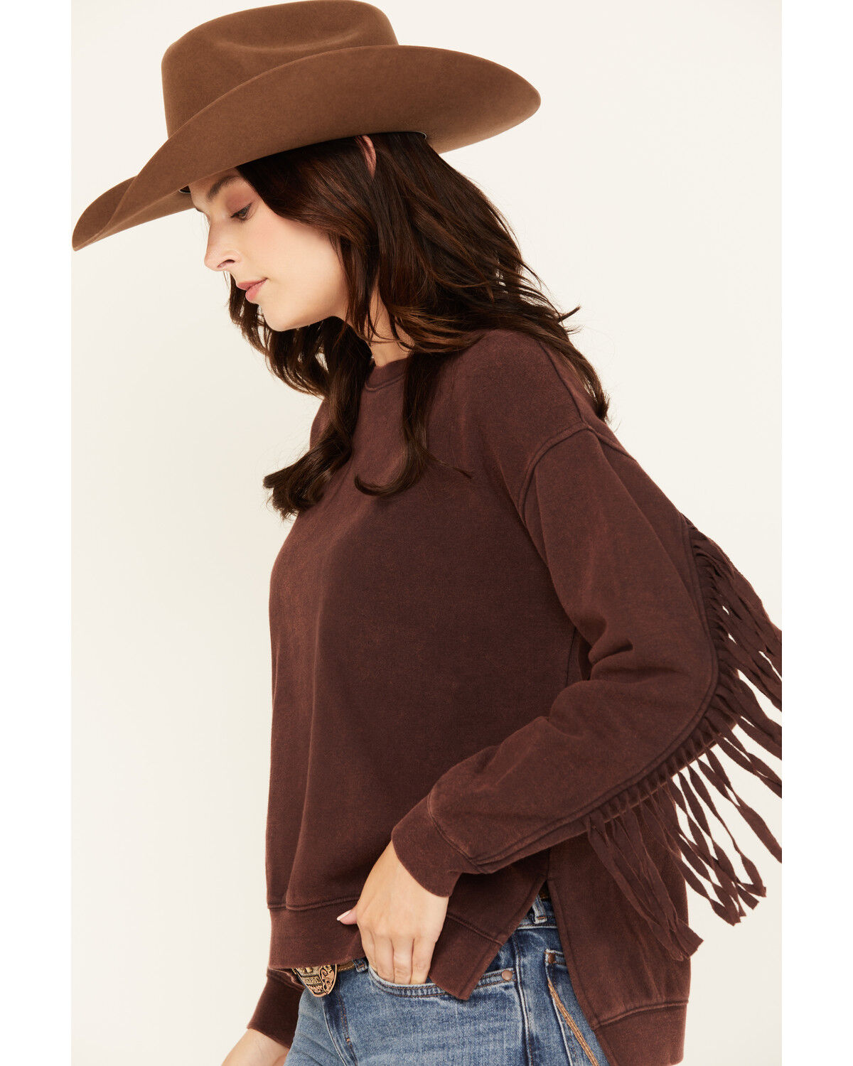 Shyanne Women's Solid High-Low Fringe Long Sleeve Shirt