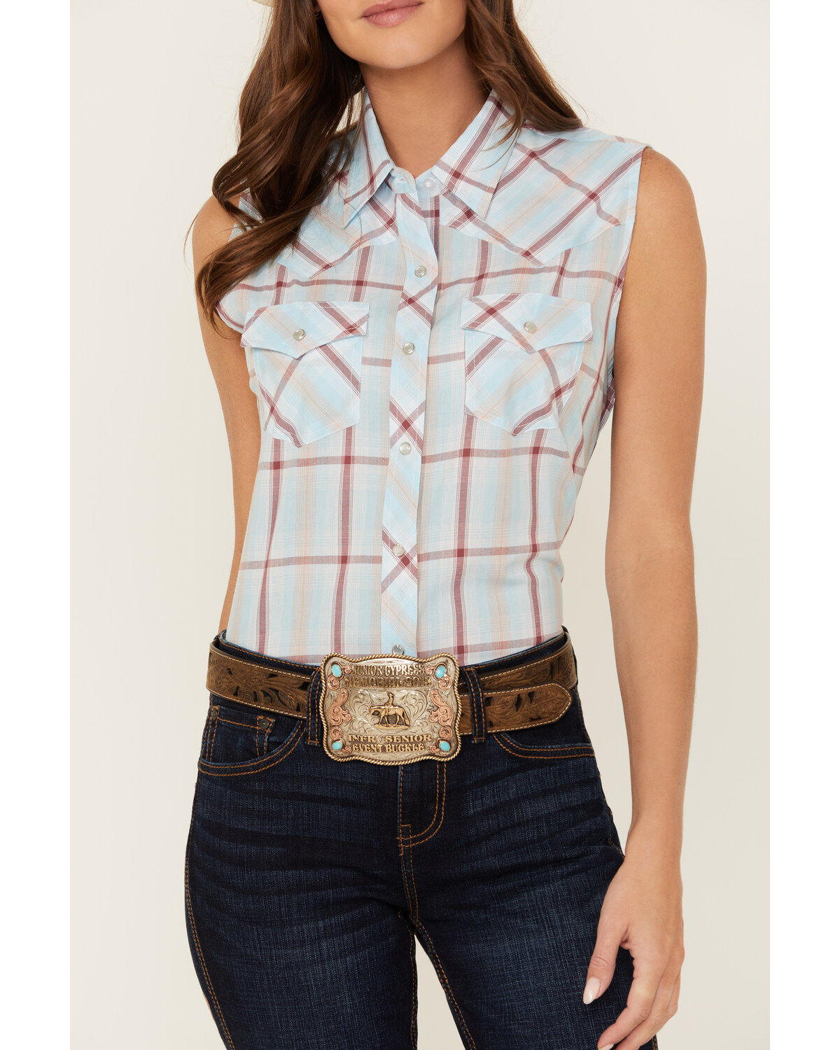 Ely Walker Women's Plaid Print Sleeveless Pearl Snap Western Shirt