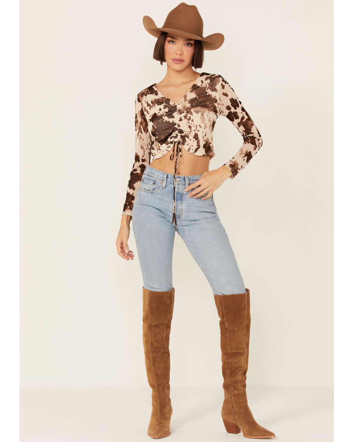 Saints & Hearts Ruched Mesh Long Sleeve Top