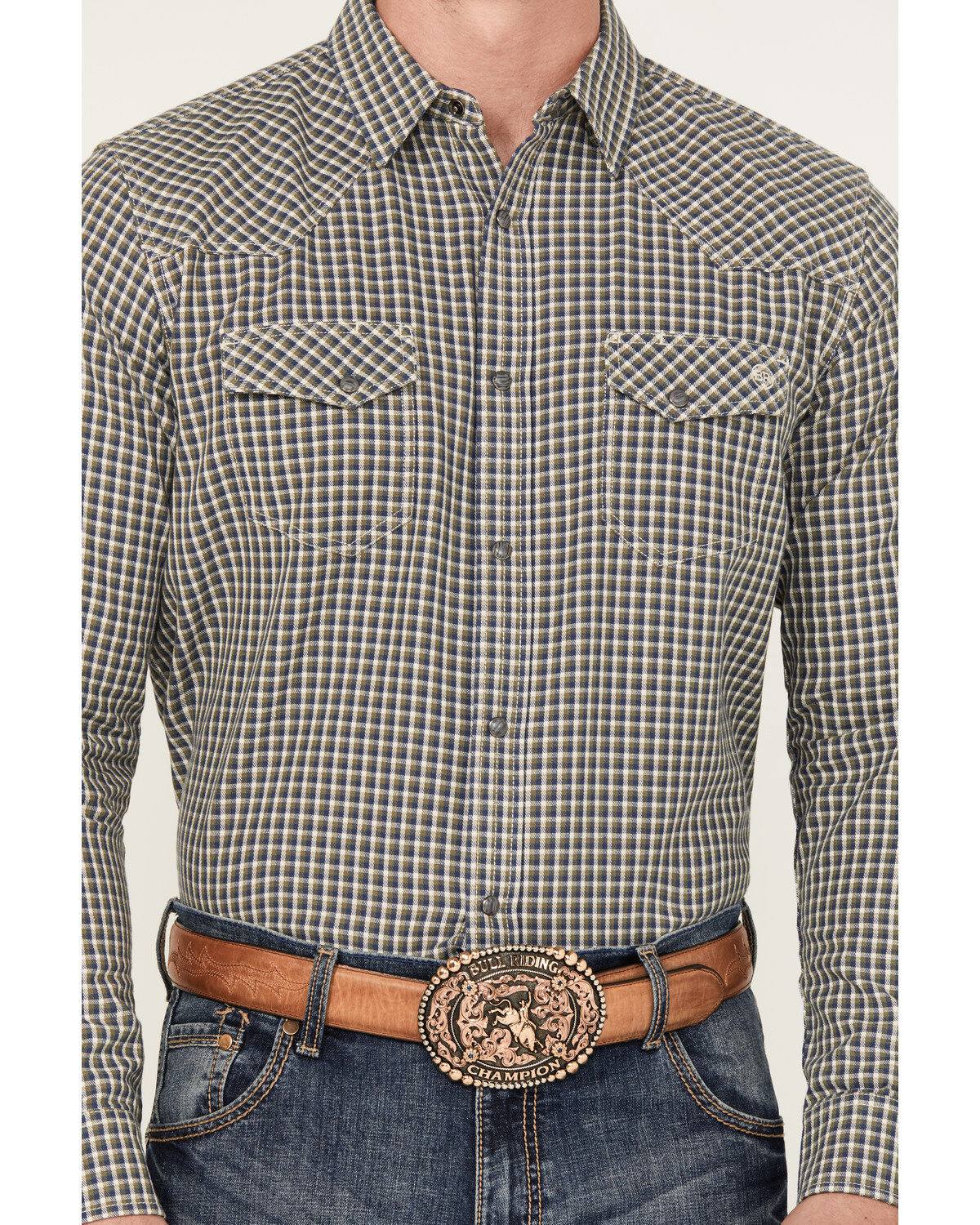 Blue Ranchwear Men's Dickens Plaid Print Long Sleeve Snap Shirt