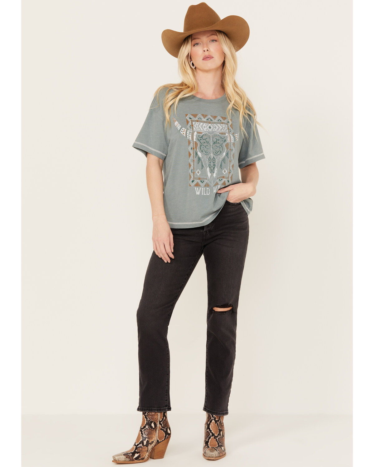 White Crow Women's Wild West Steer Head Skull Short Sleeve Graphic Tee
