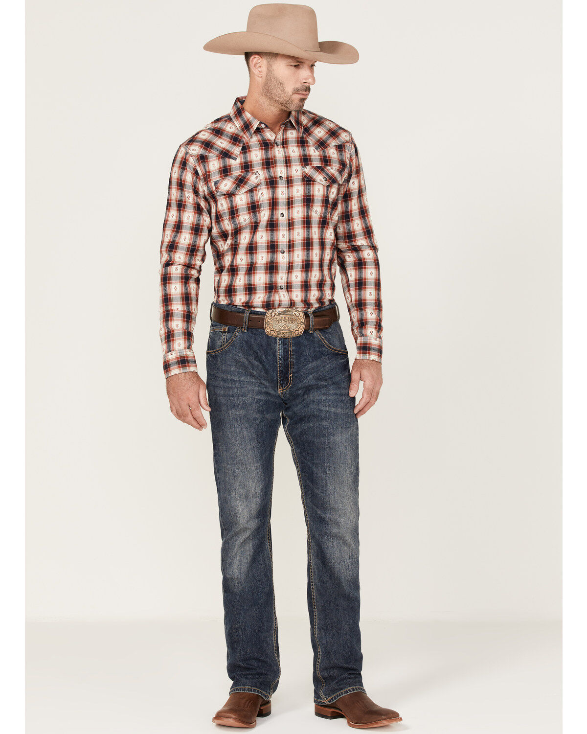 Moonshine Spirit Men's Apache Dobby Plaid Long Sleeve Snap Western Shirt