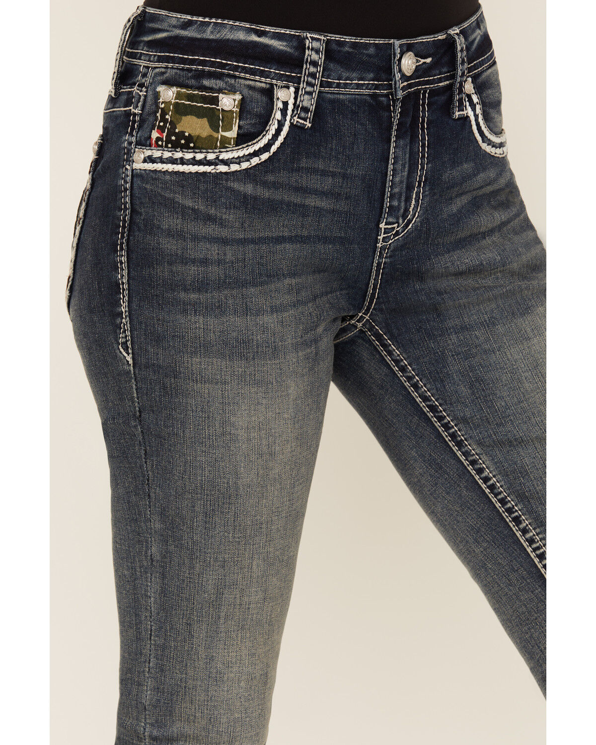 Grace In LA Women's Medium Wash Camo Fleur De Lis Embroidered Mid Rise Bootcut Stretch Denim Jeans