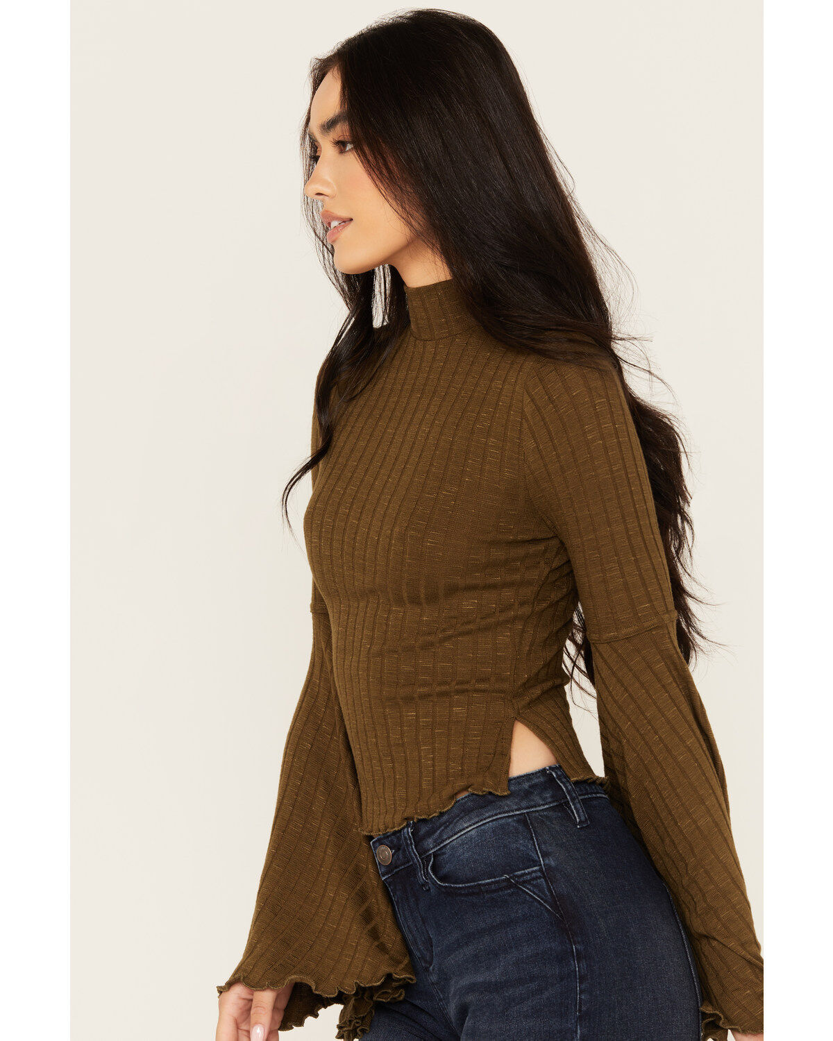 Shyanne Women's Rib Knit Mock Neck Bell Sleeve Top
