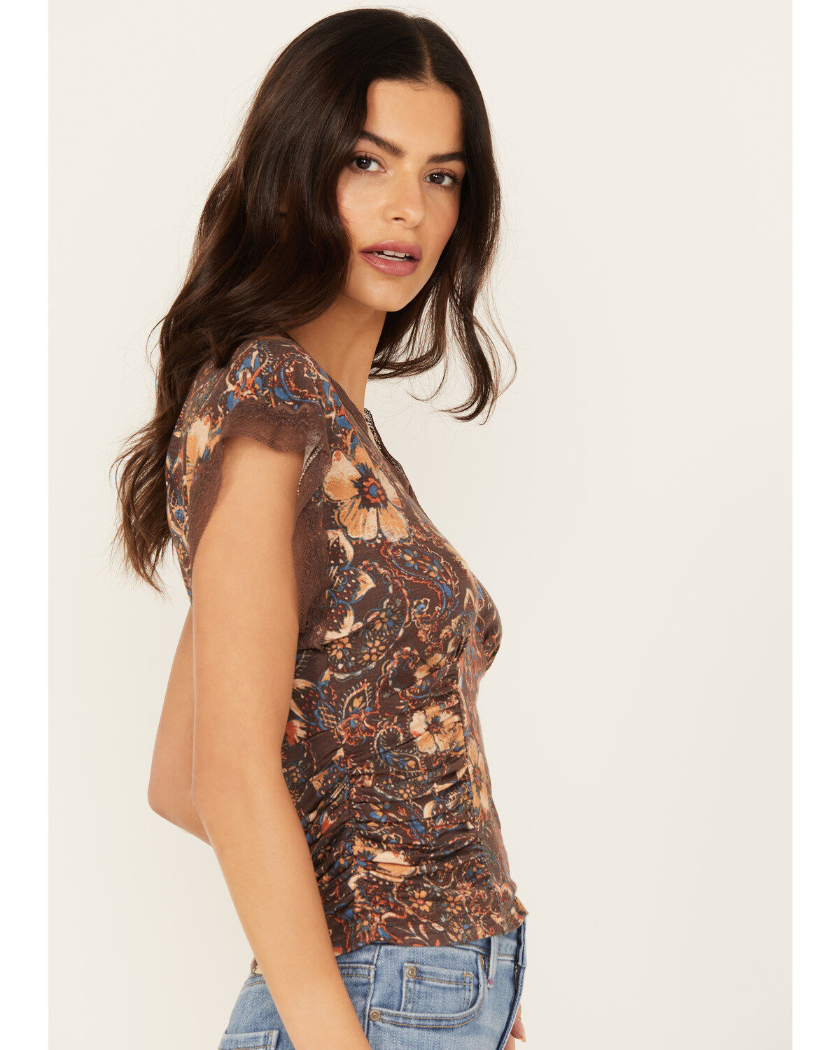 Idyllwind Women's Rose Floral Lace Trim Jersey Top