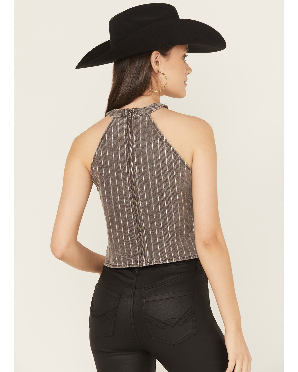 Blue B Women's Sleeveless Rhinestone Striped Halter Denim Top