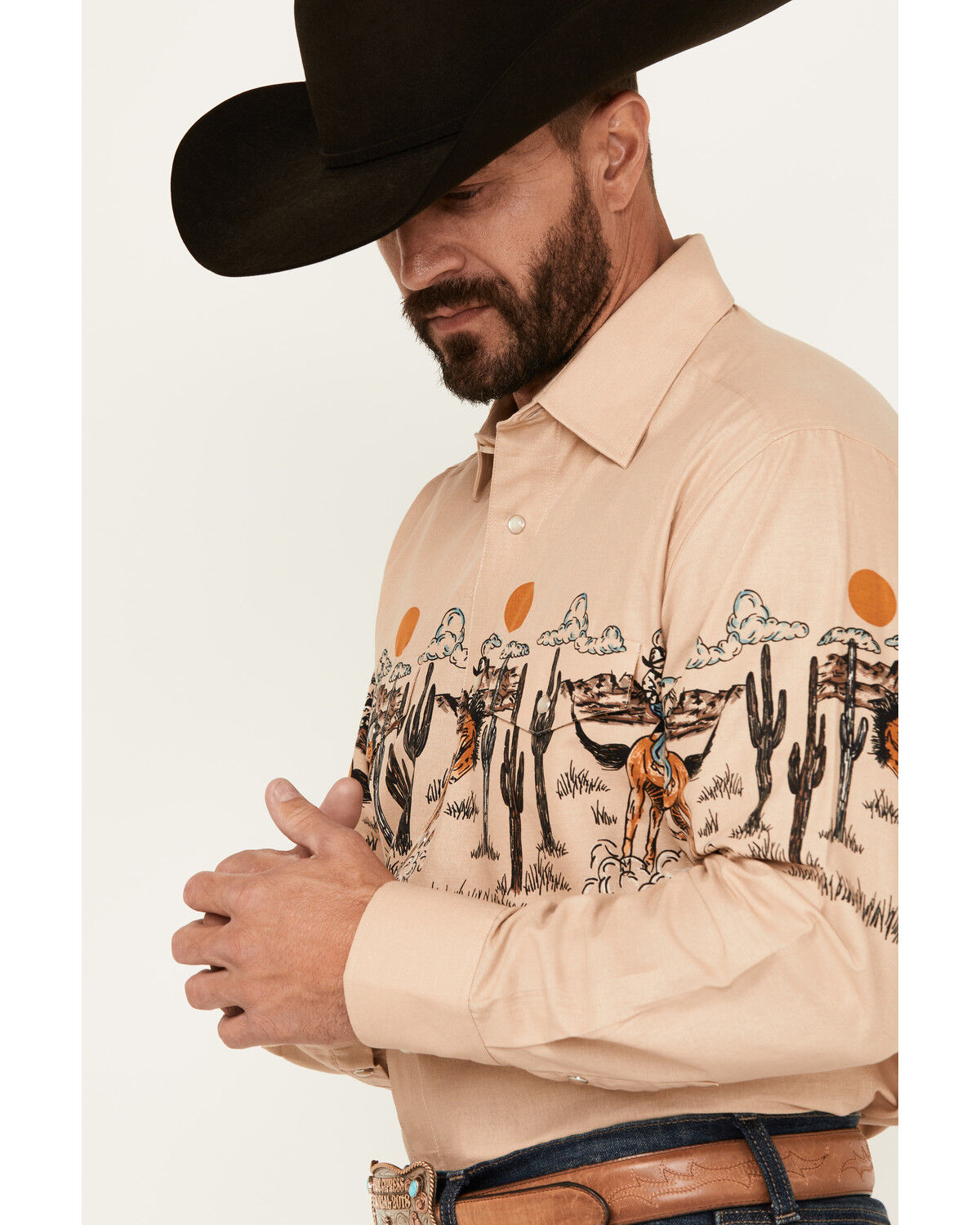 Panhandle Men's Desert Print Border Long Sleeve Snap Western Shirt