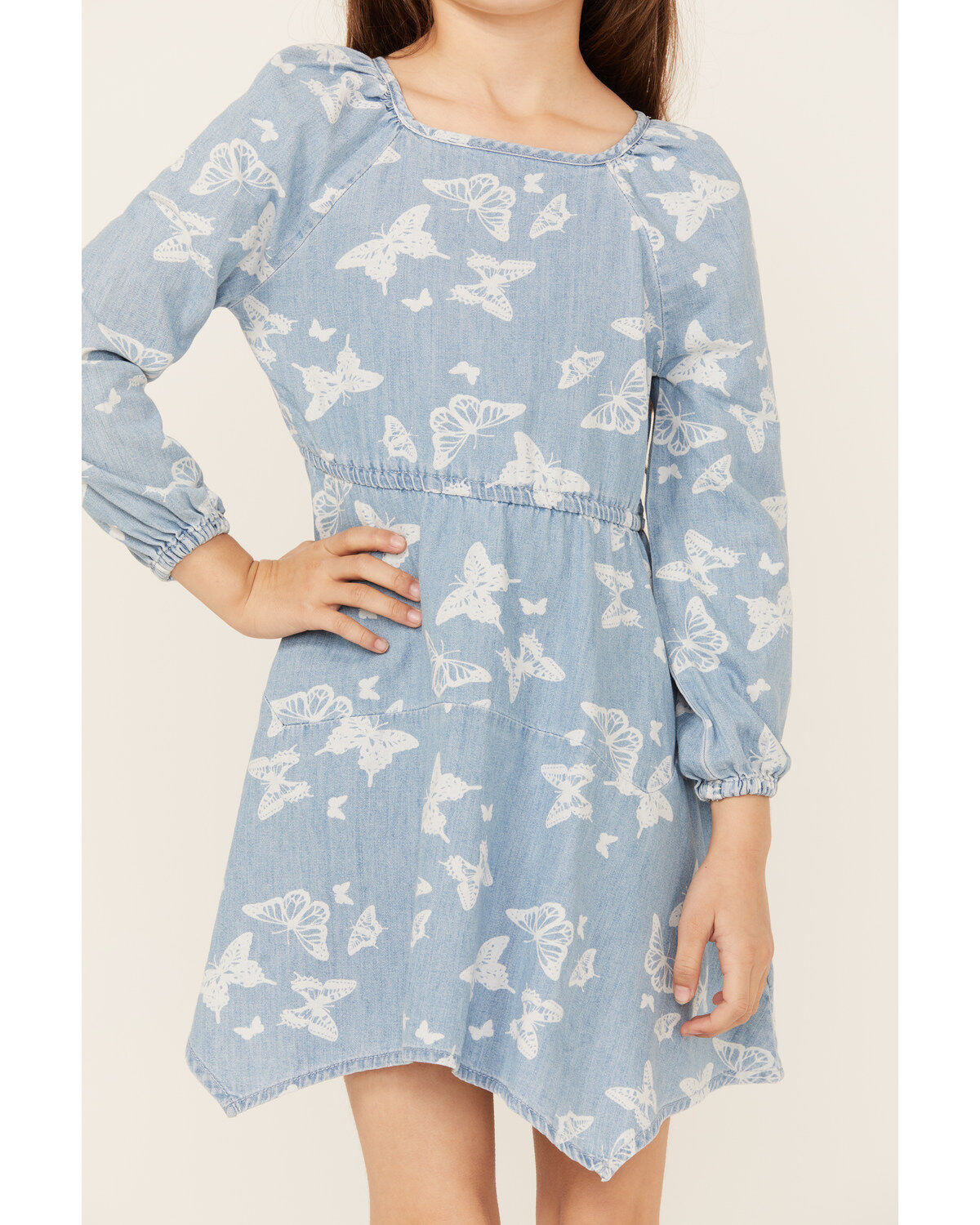 Wrangler Girls' Butterfly Print Denim Long Sleeve Dress