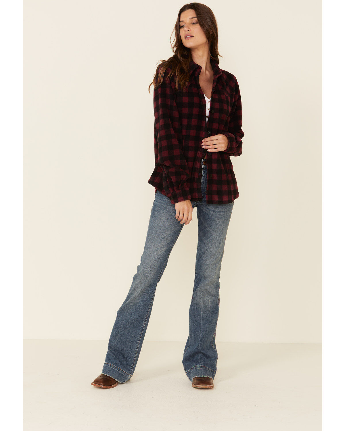 Outback Trading Co Women's Plaid Print Long Sleeve Fleece Shacket