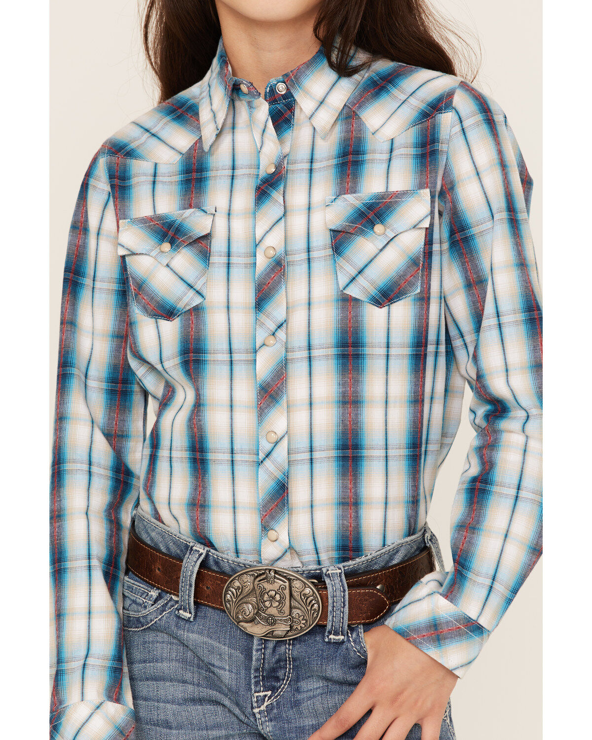 Roper Girls' West Made Plaid Print Long Sleeve Western Snap Shirt