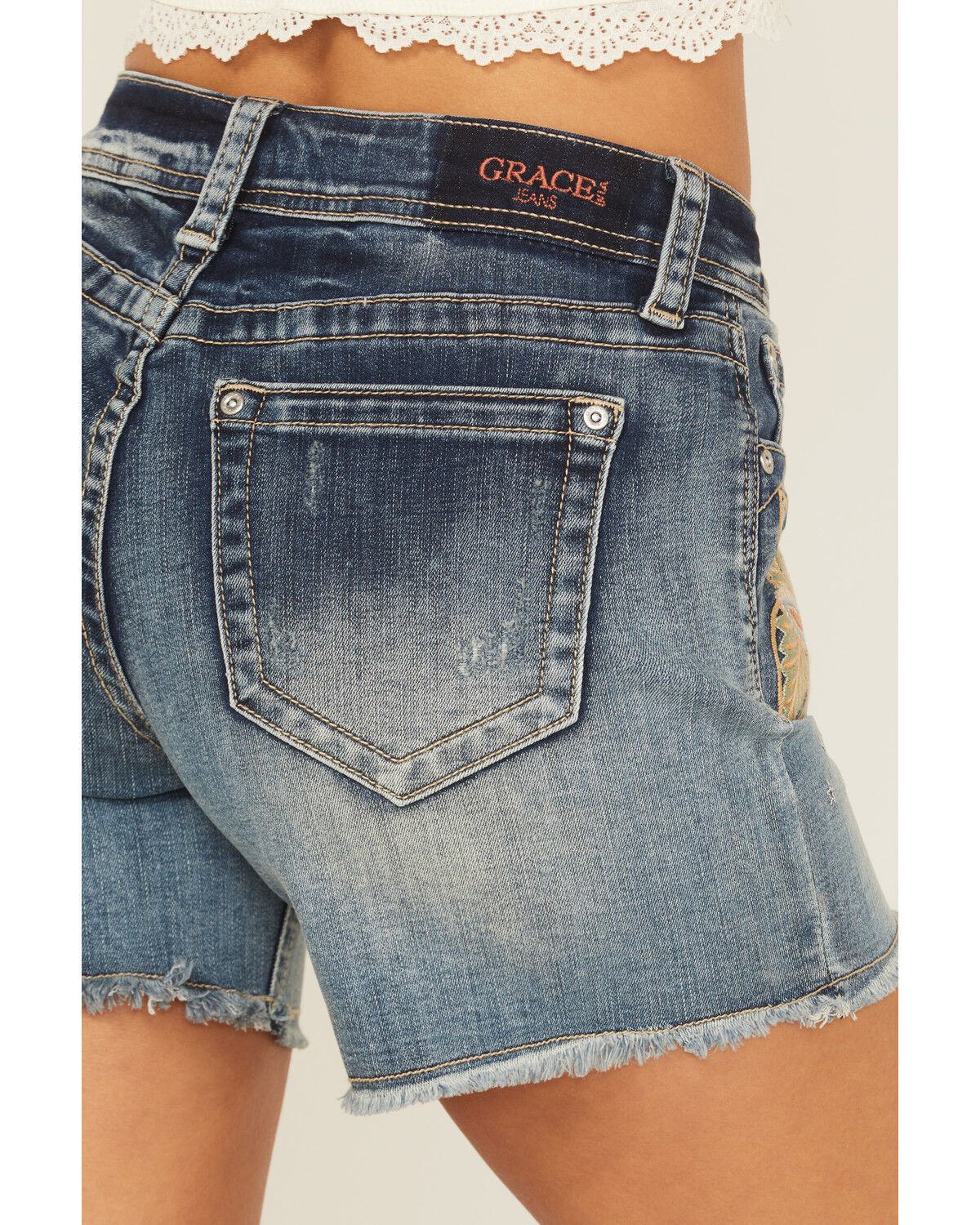 Grace In LA Women's Light Wash Mid Rise Floral Embroidered Cutoff Stretch Denim Short's