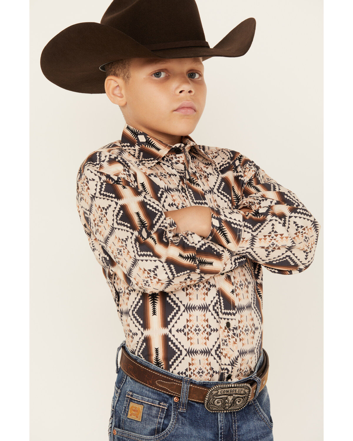 Rock & Roll Denim Boys' Southwestern Stripe Print Long Sleeve Snap Stretch Western Shirt