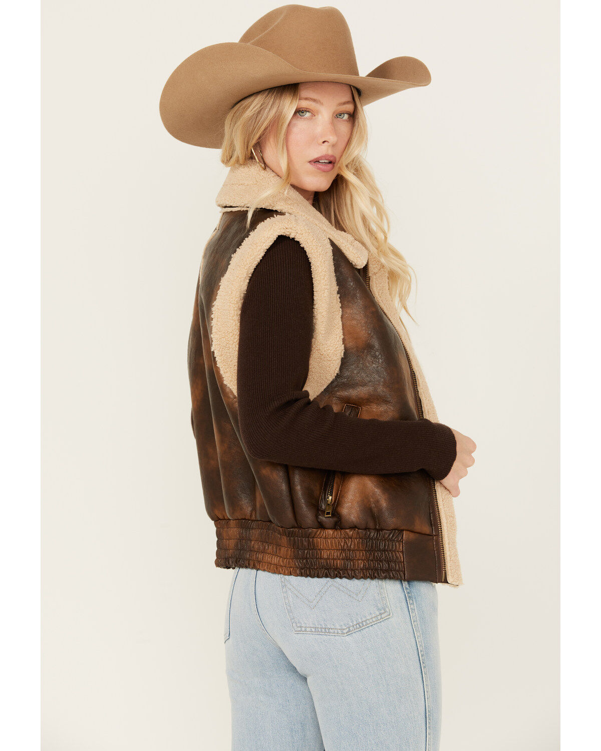 26 International Women's Faux Leather Aviator Sherpa Vest