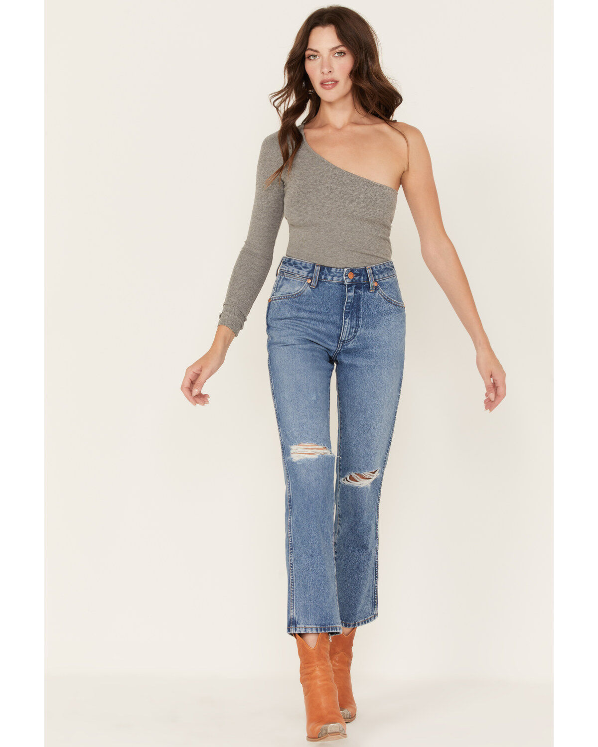 Wrangler Women's Wild West 603 Light Wash Patty High Rise Distressed Cropped Straight Jeans