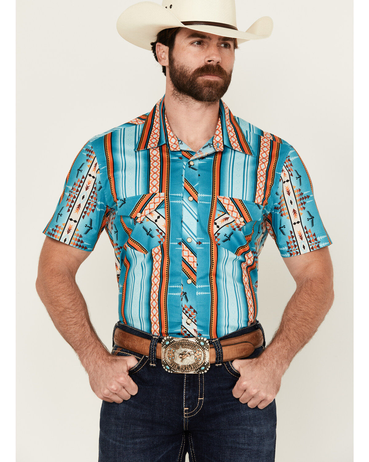 Rock & Roll Denim Men's Southwestern Striped Short Sleeve Snap Stretch Western Shirt
