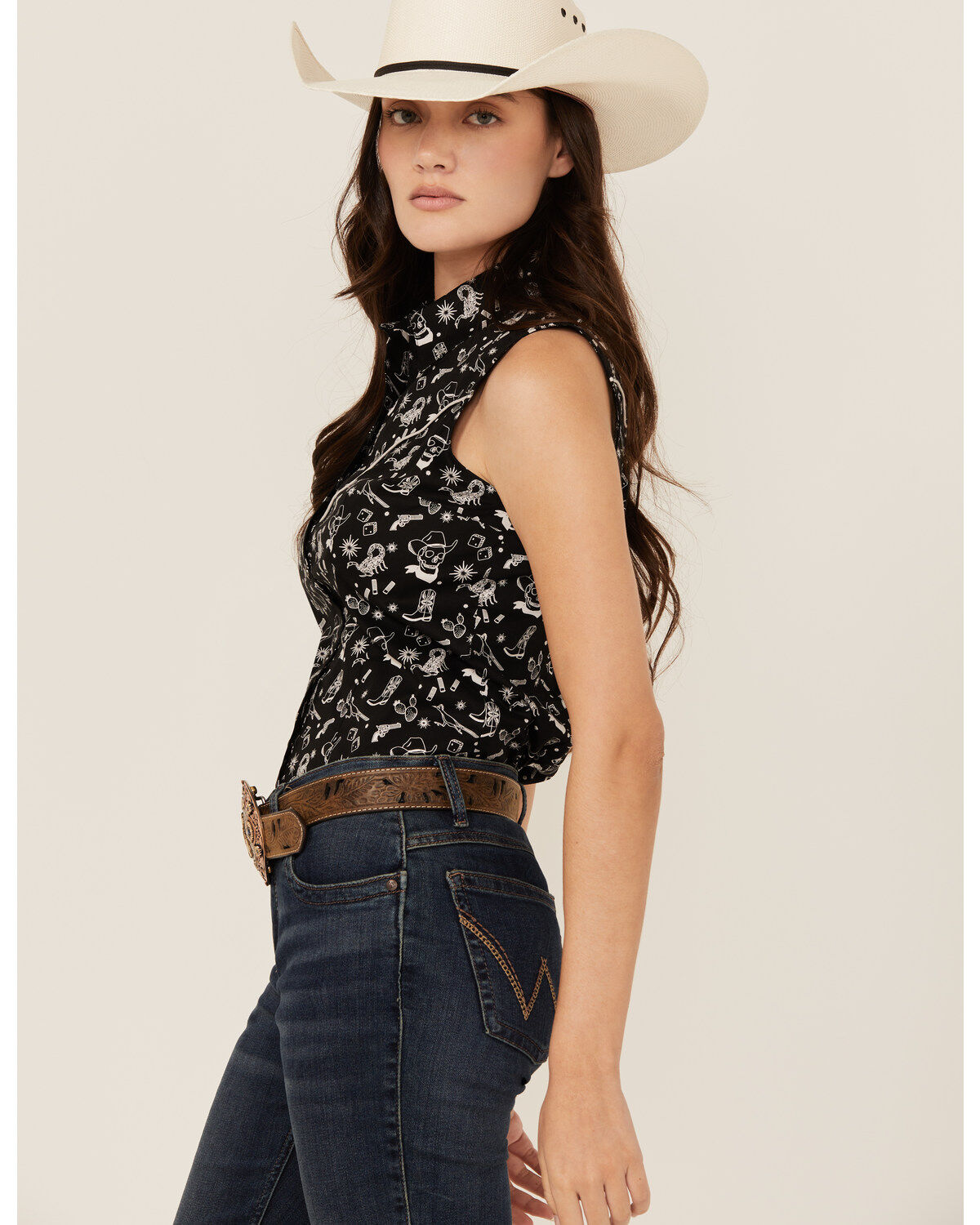 Rock & Roll Denim Women's Tattoo Print Sleeveless Snap Western Shirt