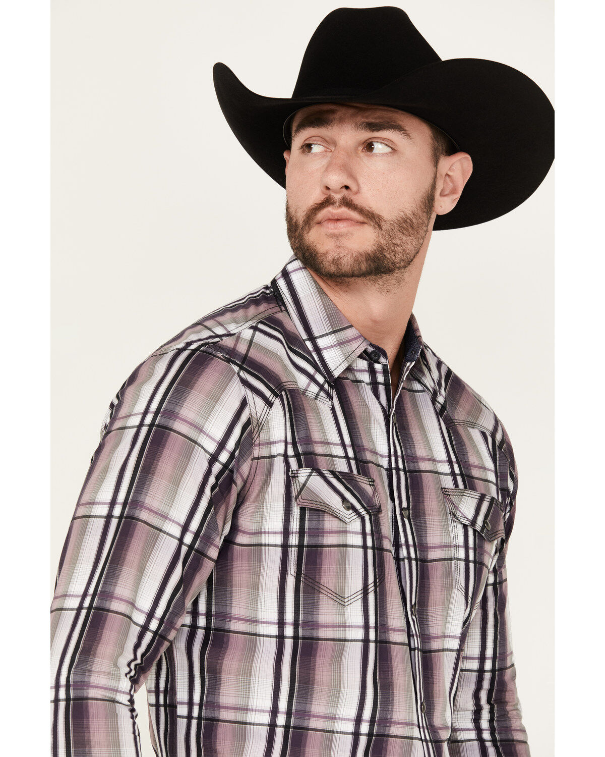 Moonshine Spirit Men's Back Stage Plaid Print Long Sleeve Snap Western Shirt