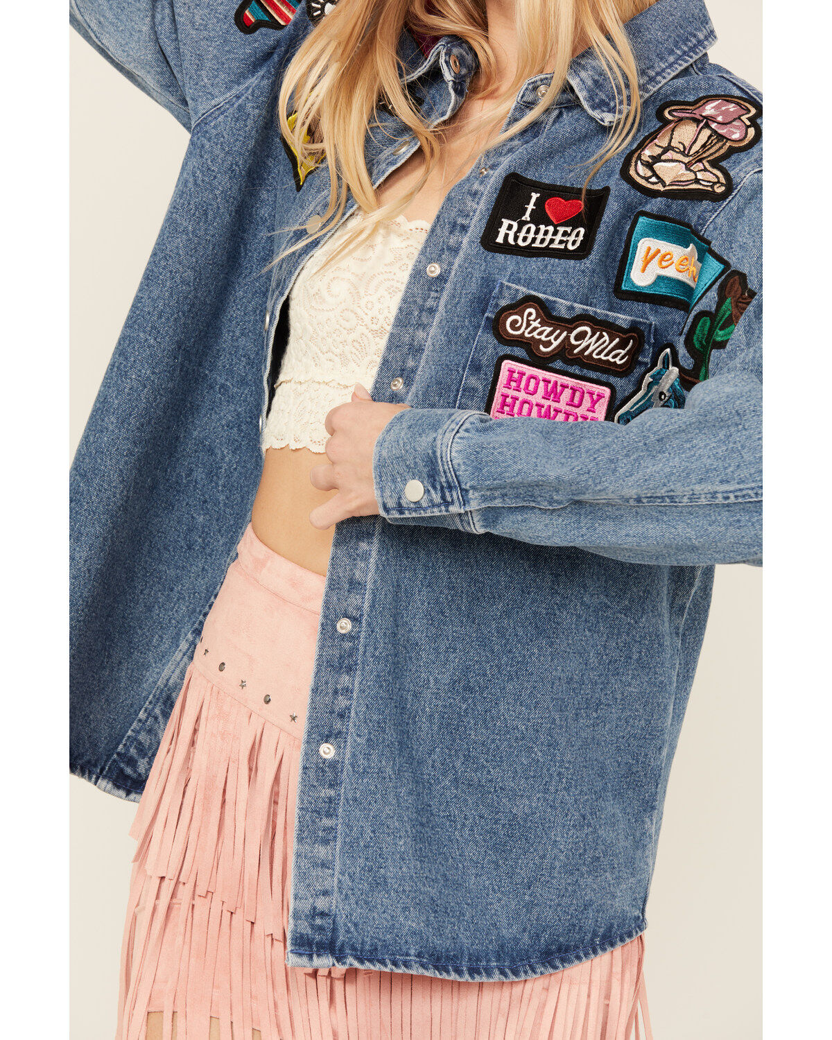 Blue B Women's Medium Wash Western Patchwork Snap Shacket