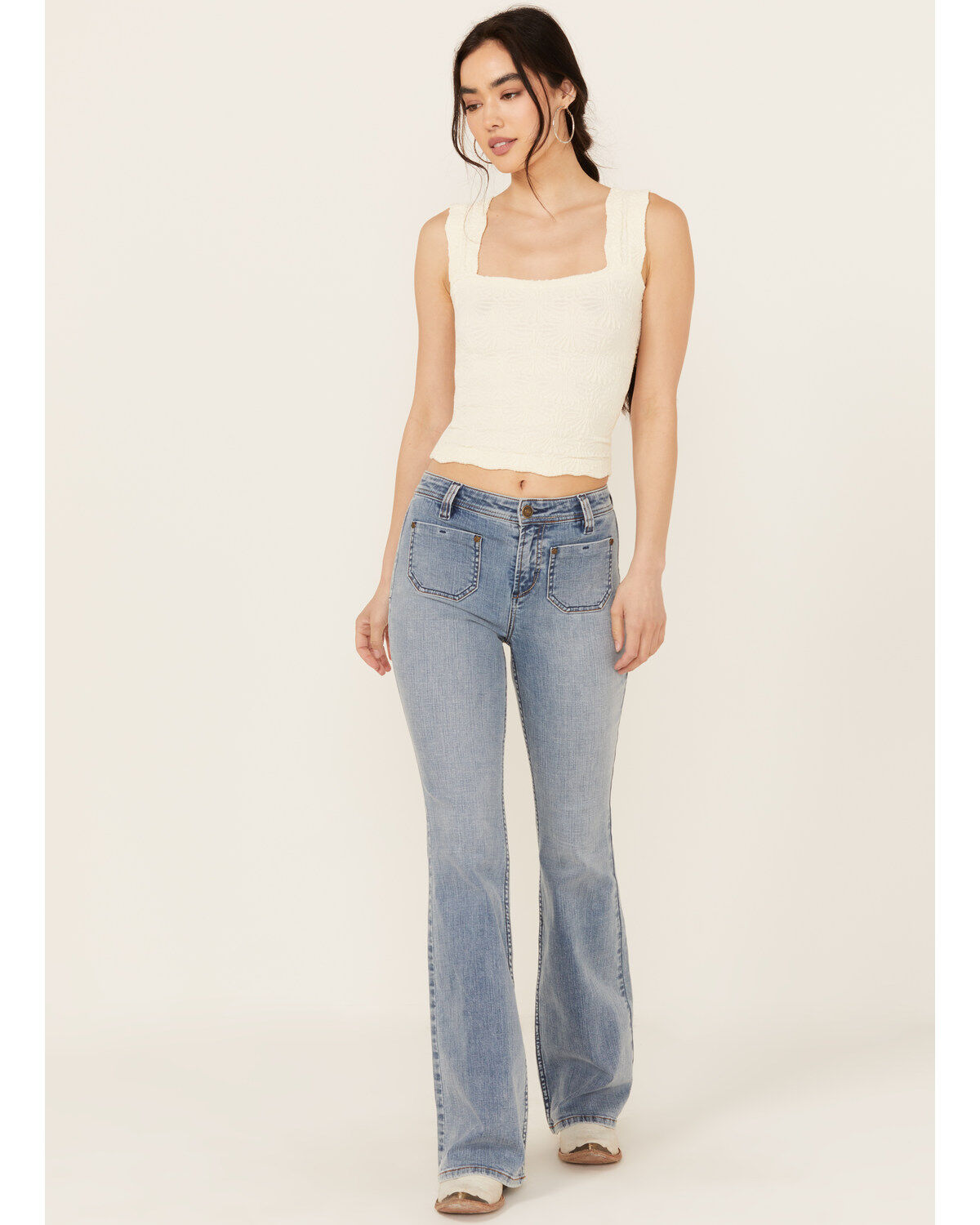 Shyanne Women's Luna Medium Wash High Rise Patch Pocket Flare Comfort Stretch Denim Jeans