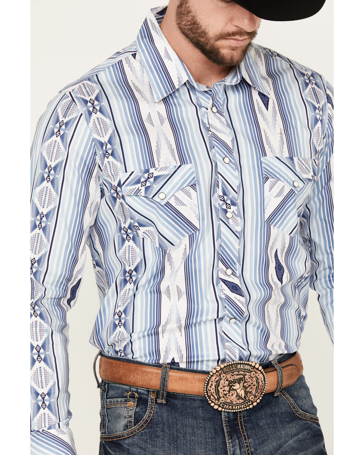 Rock & Roll Denim Men's Southwestern Print Striped Stretch Long Sleeve Snap Western Shirt