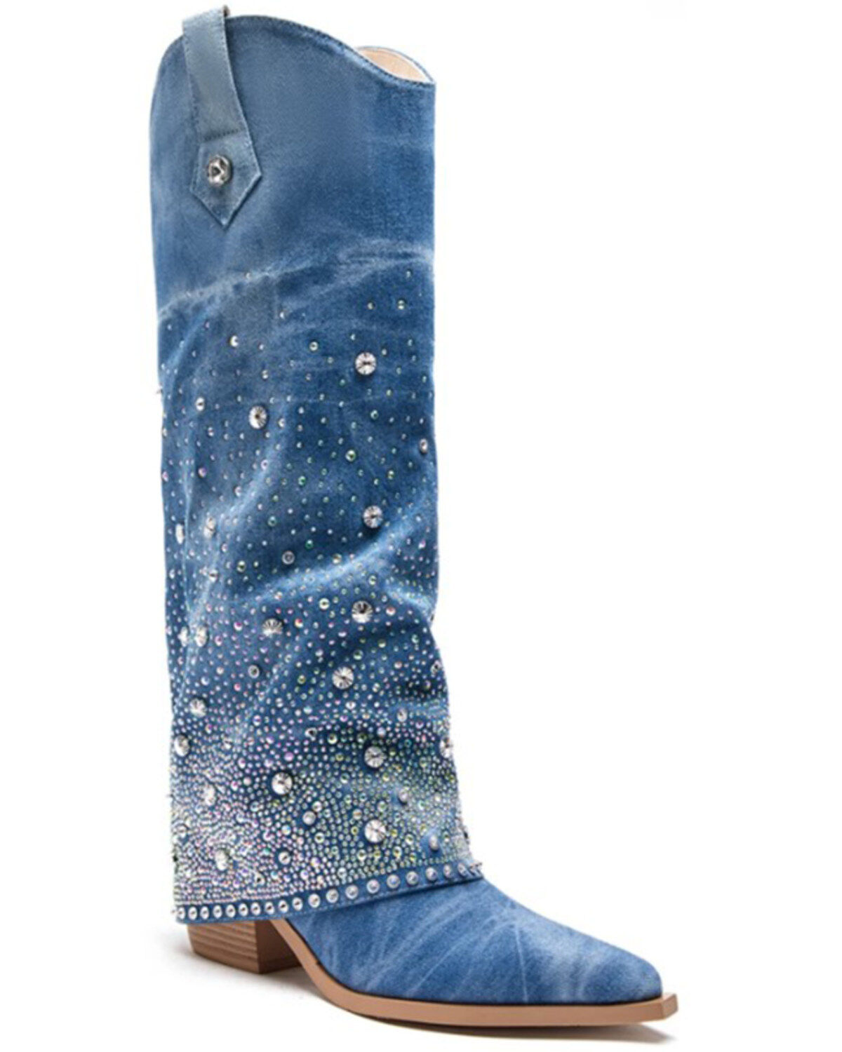 Azalea Wang Women's Mellow Embellished Denim Tall Boots - Snip Toe