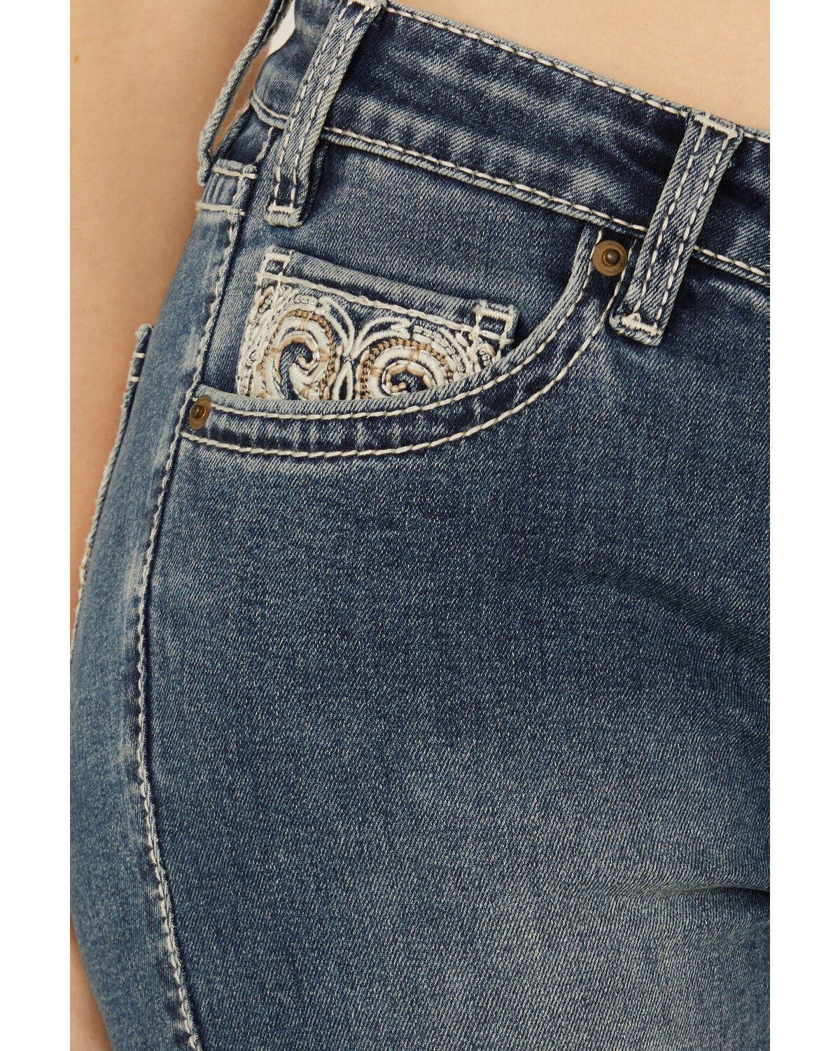 Rock & Roll Denim Women's Medium Wash Mid Rise Leather Embroidered Bootcut Stretch Denim Jeans
