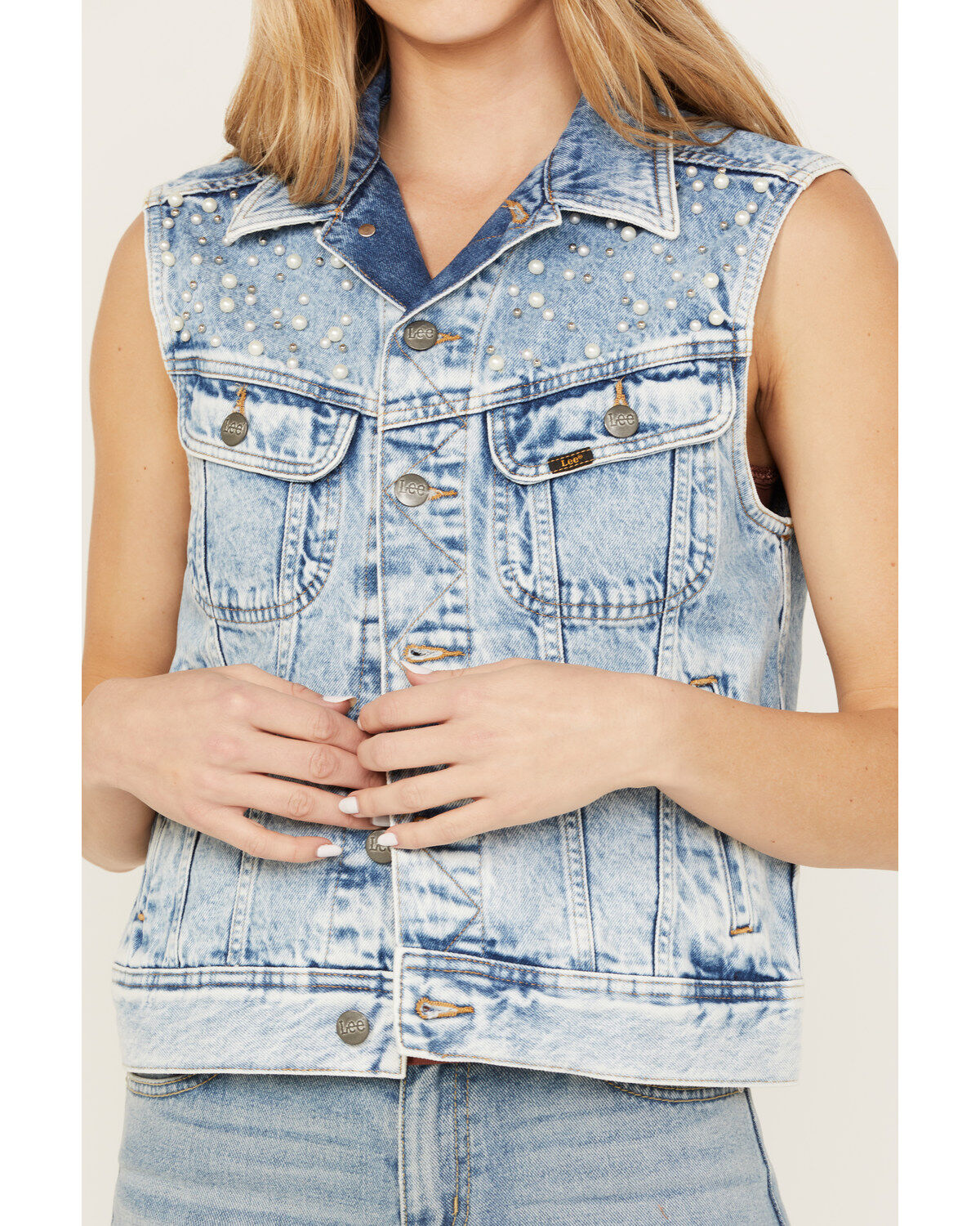 Lee Women's Light Wash Acid Wash Denim Pearl Vest