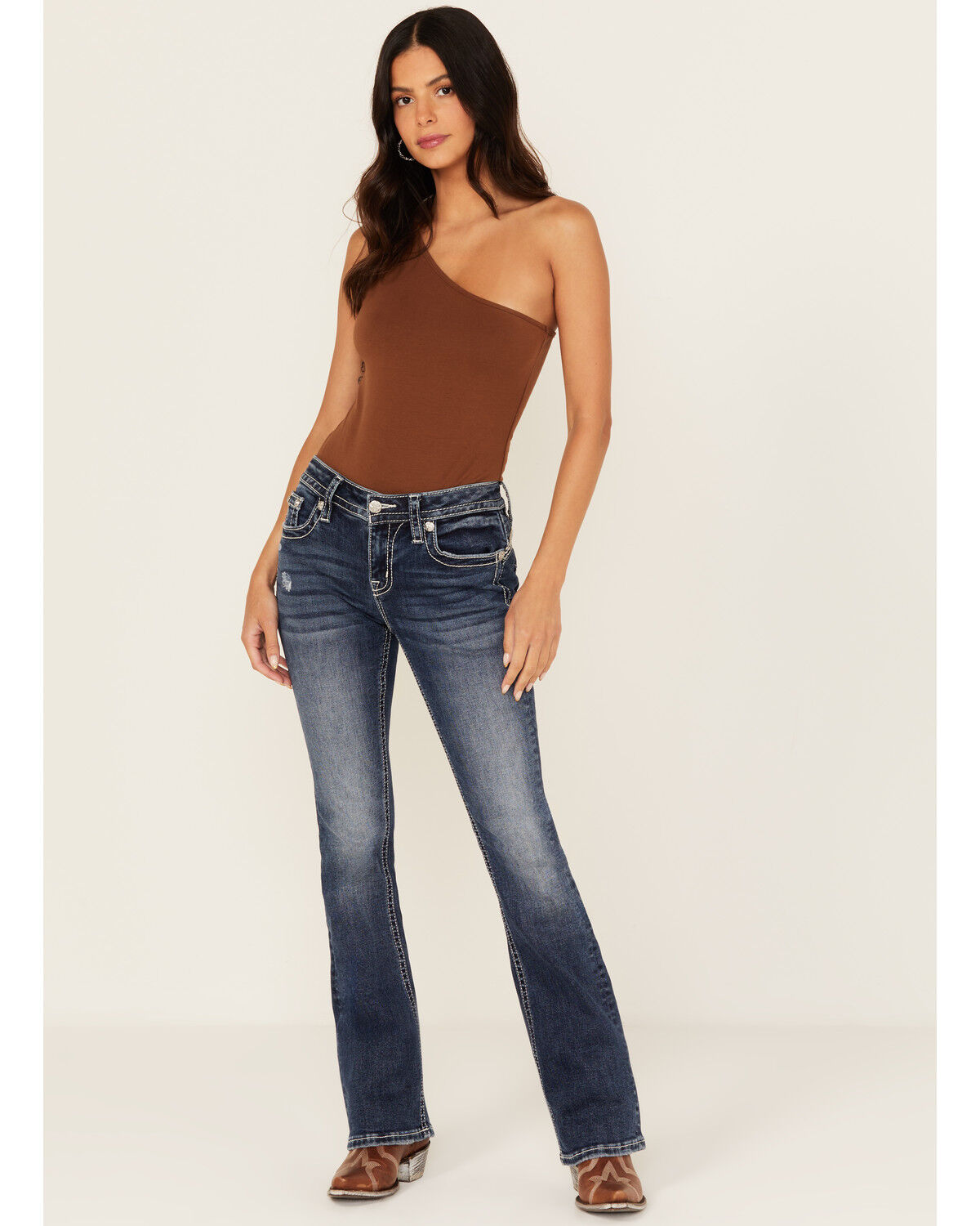 Miss Me Women's Medium Wash Mid Rise Cowhide Pocket Bootcut Stretch Denim Jeans