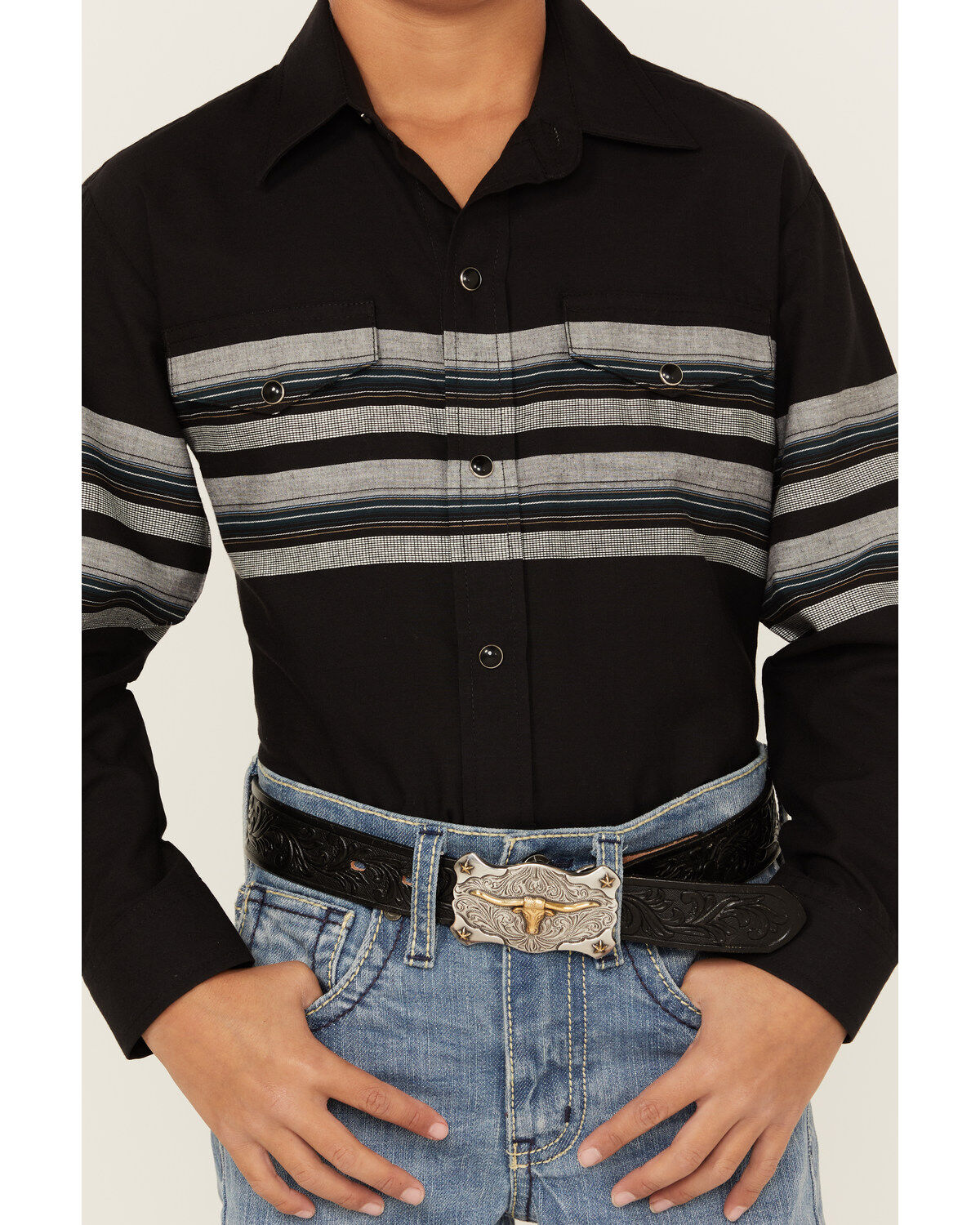 Roper Boys' Border Stripe Long Sleeve Snap Western Shirt