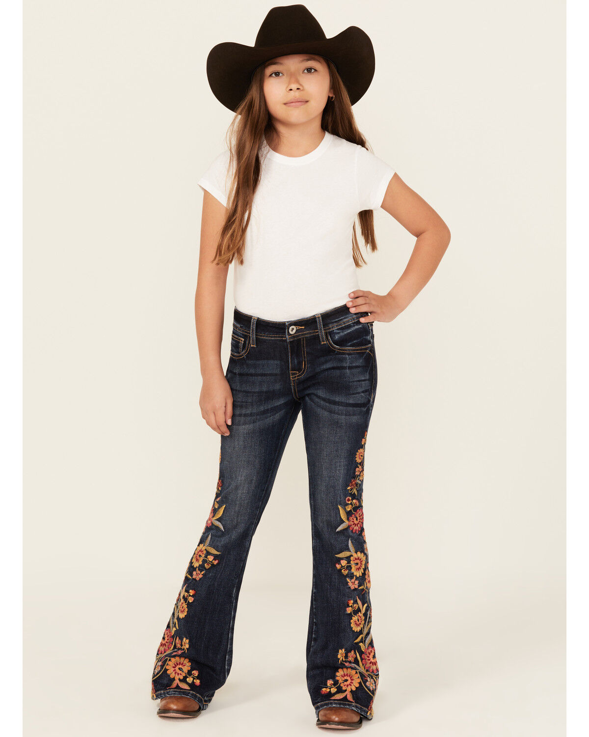 Grace in LA Girls' Dark Wash Floral Embroidery Flare Stretch Denim Jeans