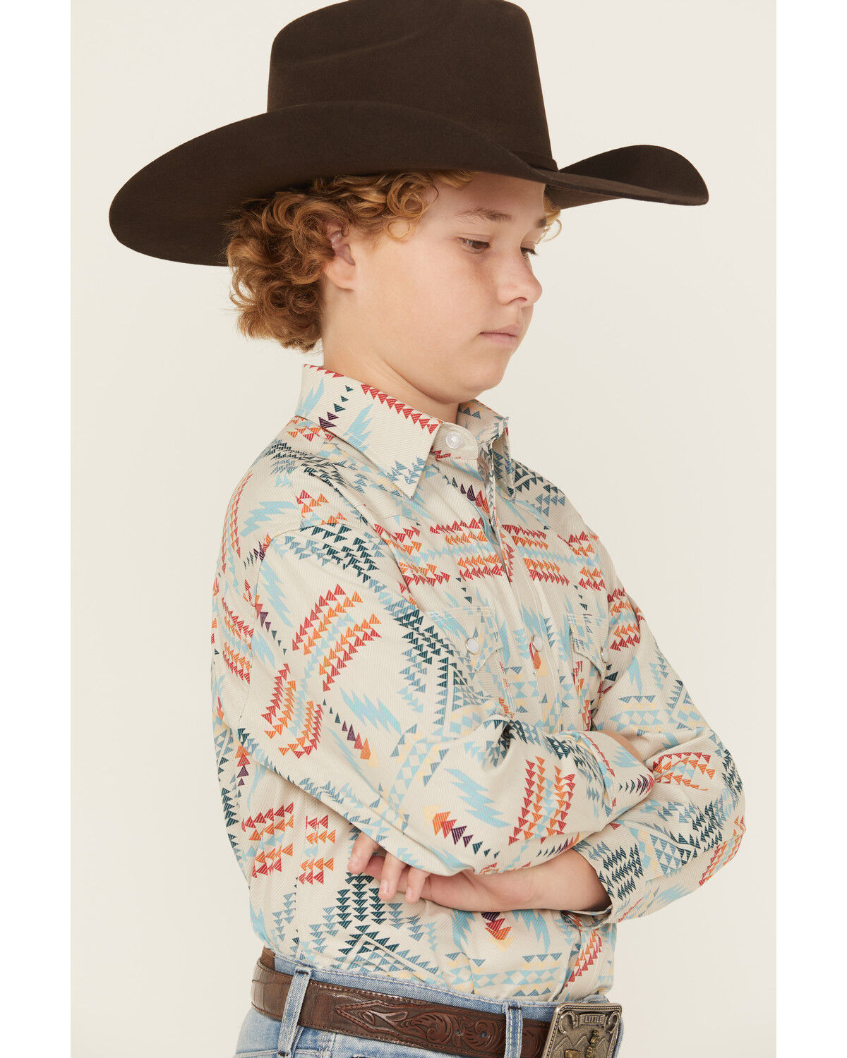 Rock & Roll Denim Boys' Southwestern Print Long Sleeve Pearl Snap Stretch Western Shirt