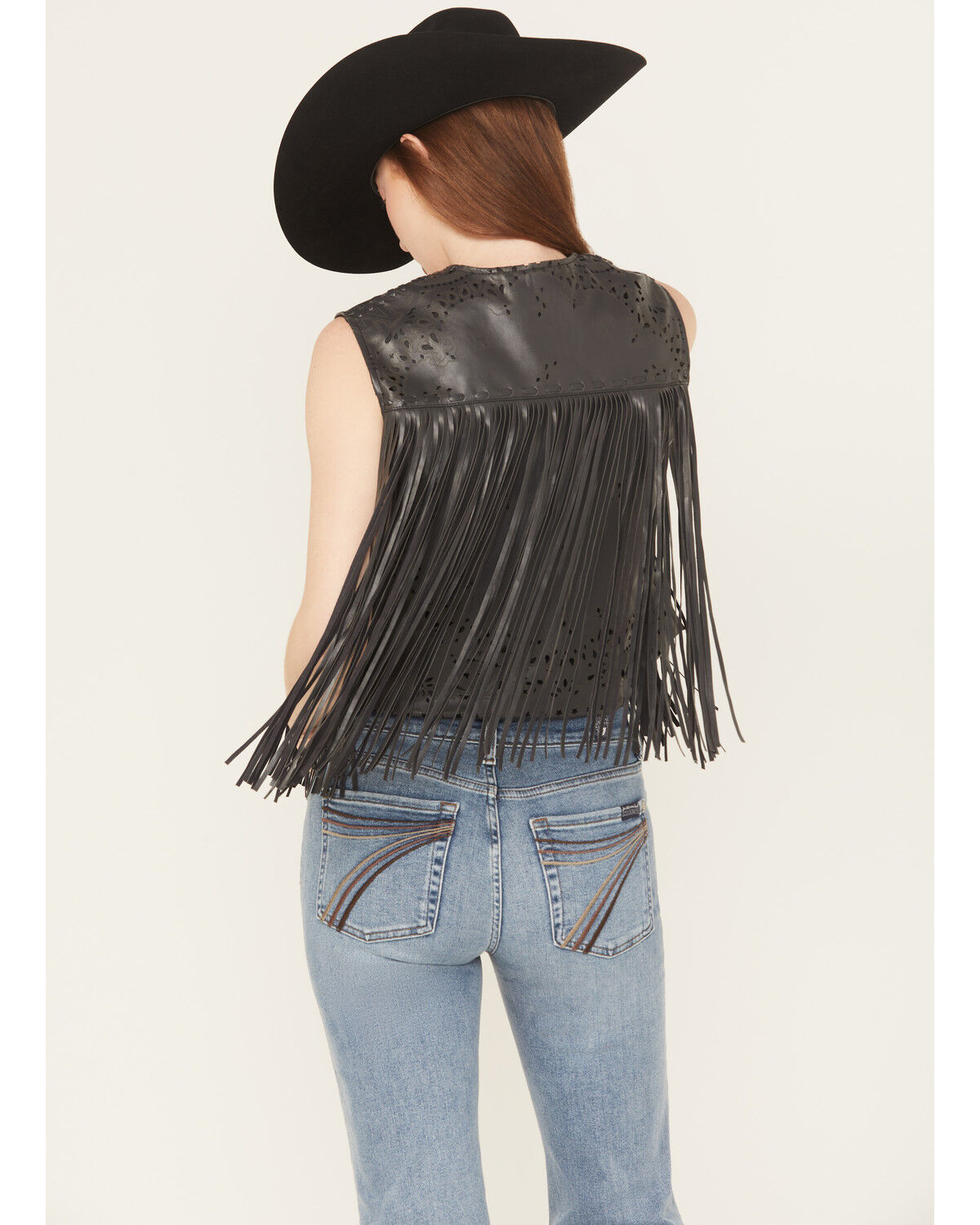 Blue B Women's Faux Leather Bandana Laser Cut Fringe Vest