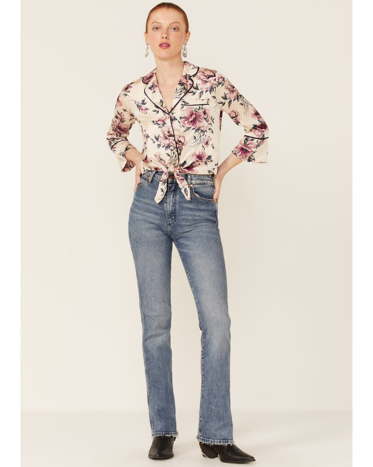 June & Hudson Women's Long Sleeve Satin Floral Tie Front Shirt