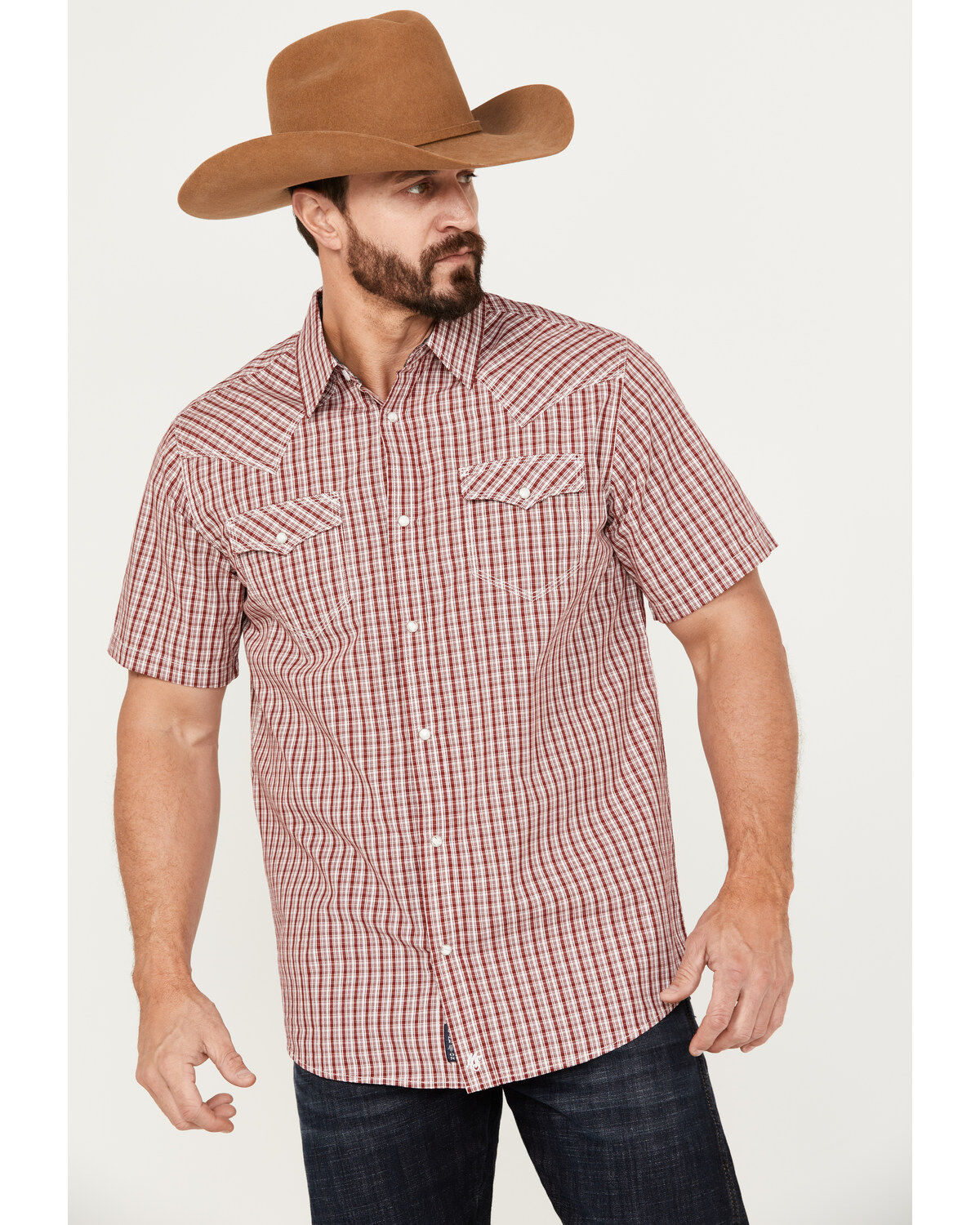 Moonshine Spirit Men's Stage Light Plaid Print Short Sleeve Western Pearl Snap Shirt