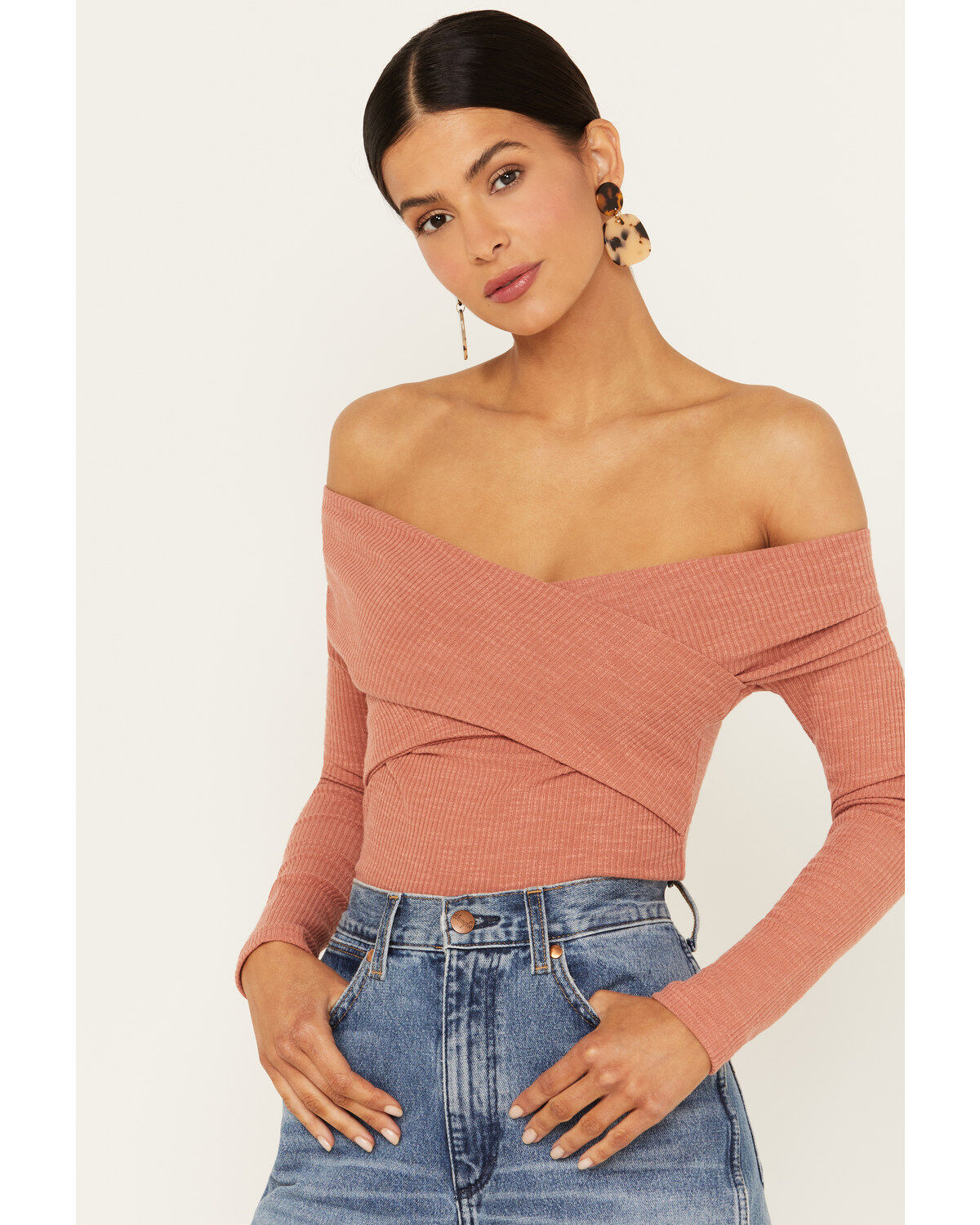 Very J Women's Long Sleeve Cross Front Ribbed Top
