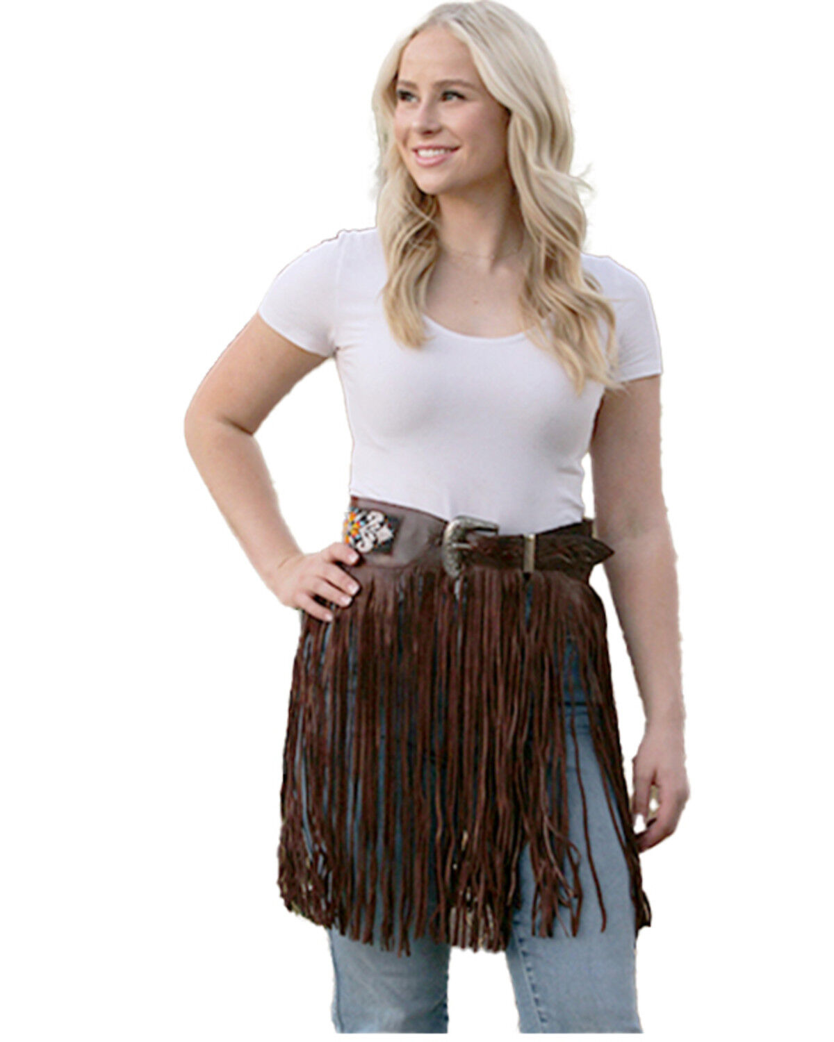 Kobler Women's Leather Hand Tooled Beaded Fringe Belt