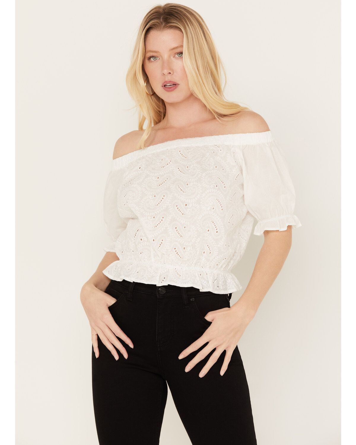 Wrangler Women's Eyelet Off-The-Shoulder Cropped Blouse