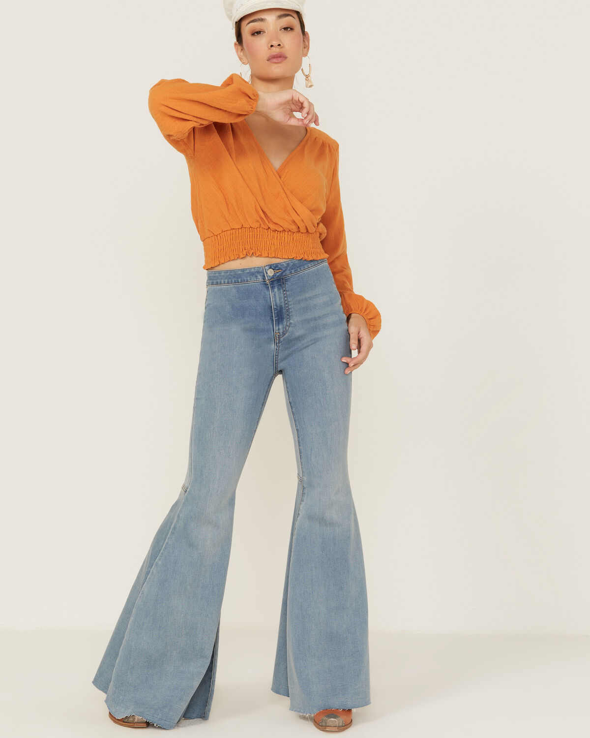 Saints & Hearts Women's Long Sleeve Surplice Smocked Waist Crop Top