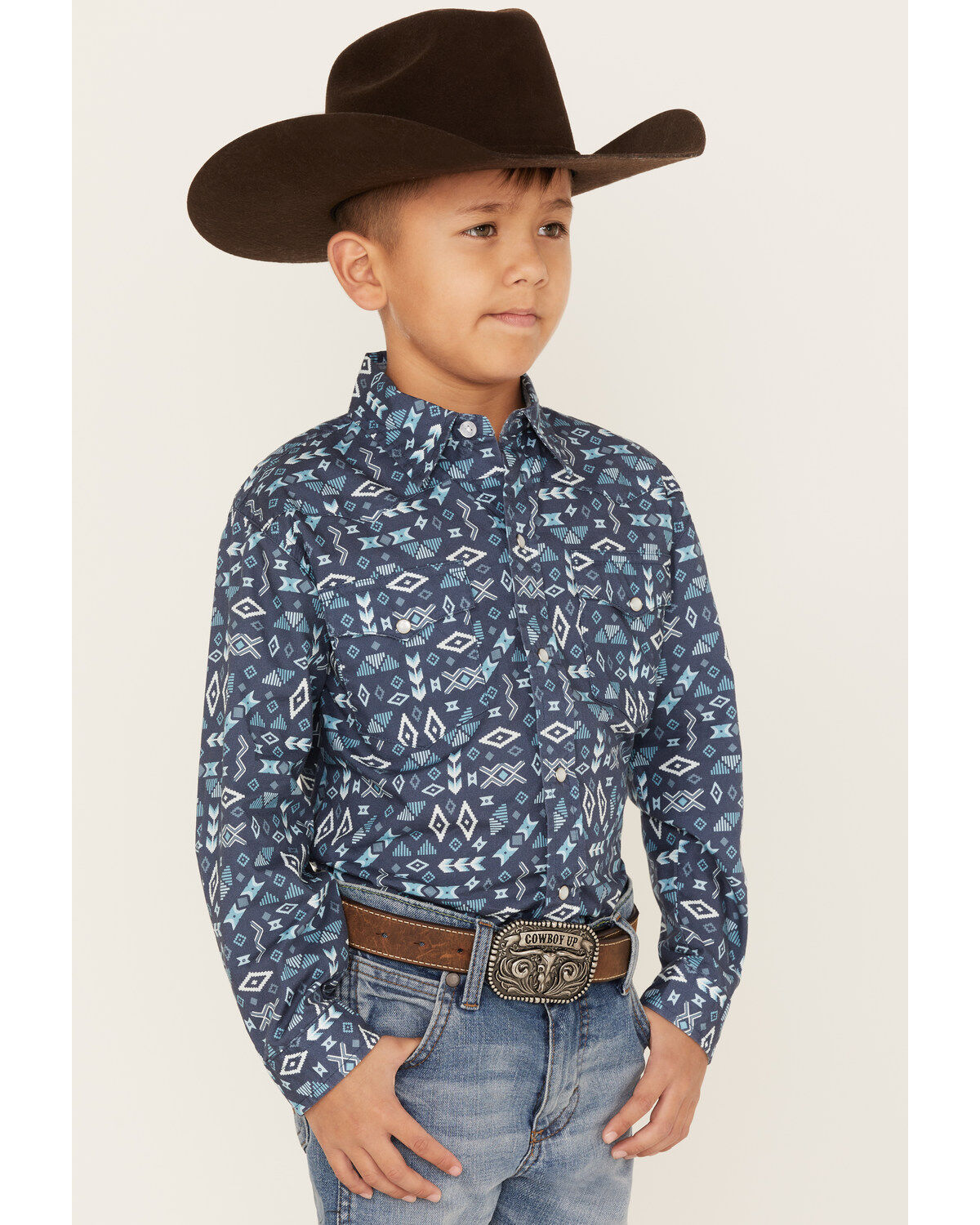 Roper Boys' West Made Southwestern Print Long Sleeve Western Pearl Snap Shirt